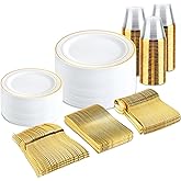 bUCLA 300PCS Gold Disposable Dinnerware Set - White and Gold Plastic Plates - Include 50 Each (Dinner&Dessert) Plates,50 Knives,50 Forks,50 Spoons,50 Cups for Party