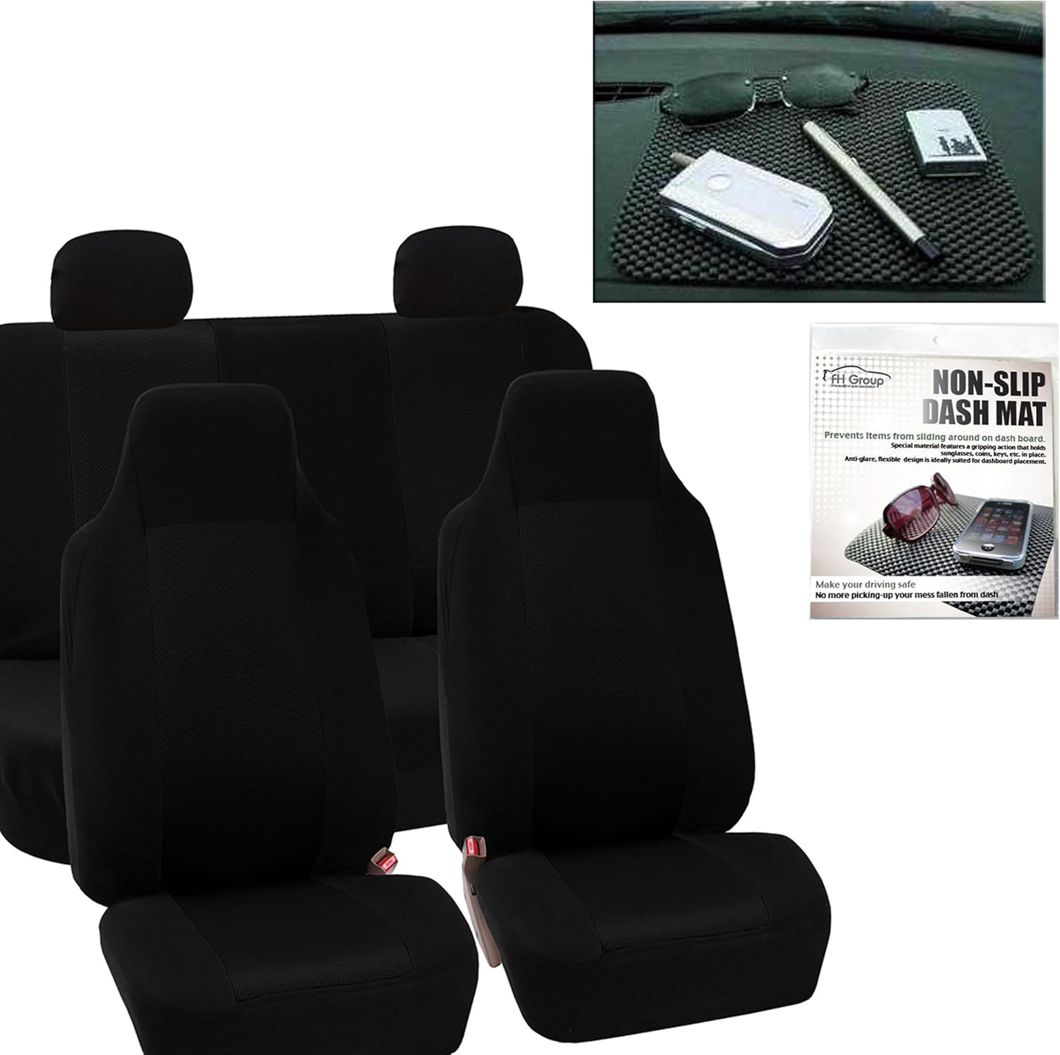 FH Group FH-FB102114 Full Set Classic Cloth Car Seat Covers Solid Black FH1002 Non-Slip Dash Pad - Fit Most Car, Truck, SUV, or Van