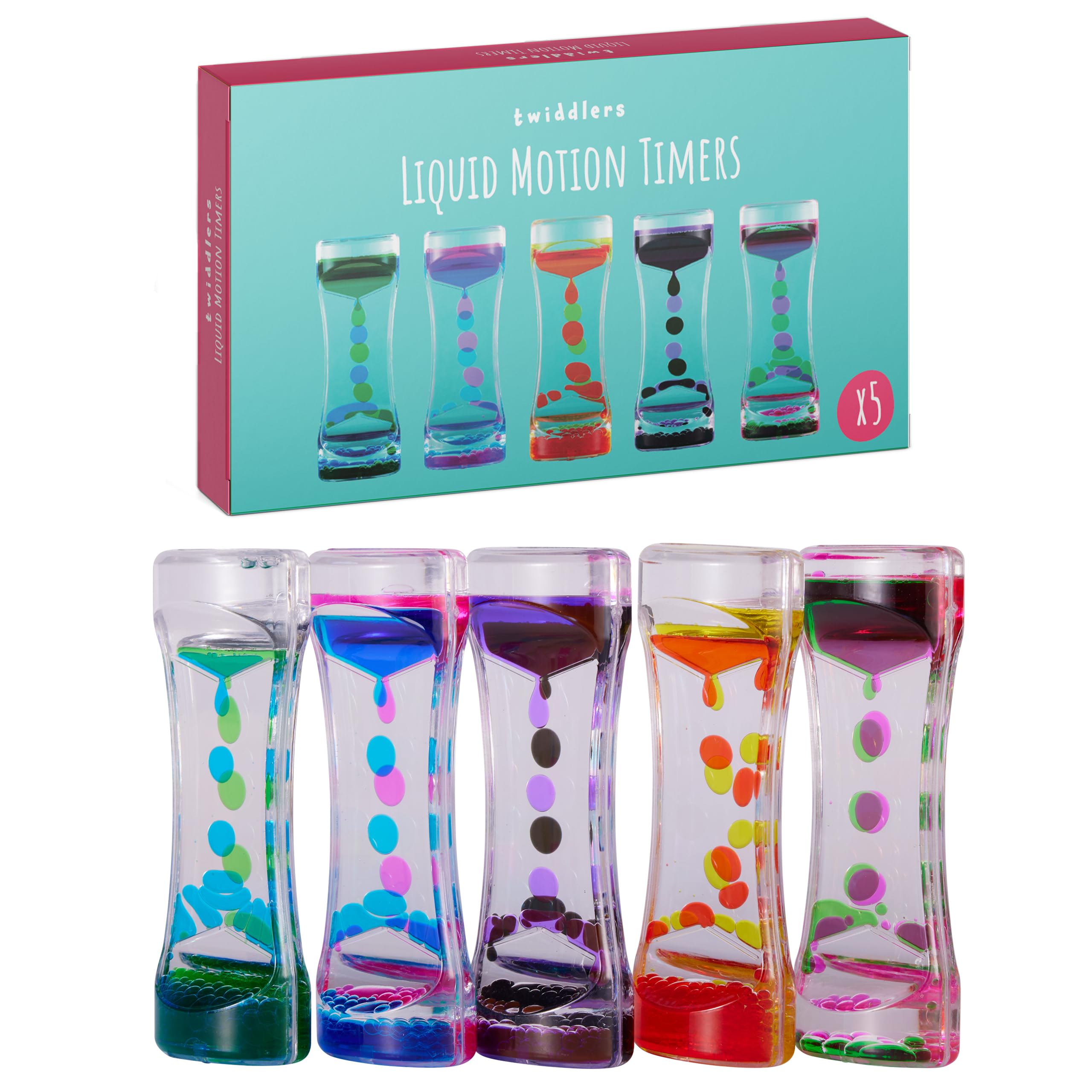 THE TWIDDLERS 5 Liquid Motion Timers Sensory Timer Hourglasses - 14cm, 5 Colours - Kids Water Bubble Lava Lamp Calming Sensory Toys for Autism, Stress Relief, Relaxation, ADHD