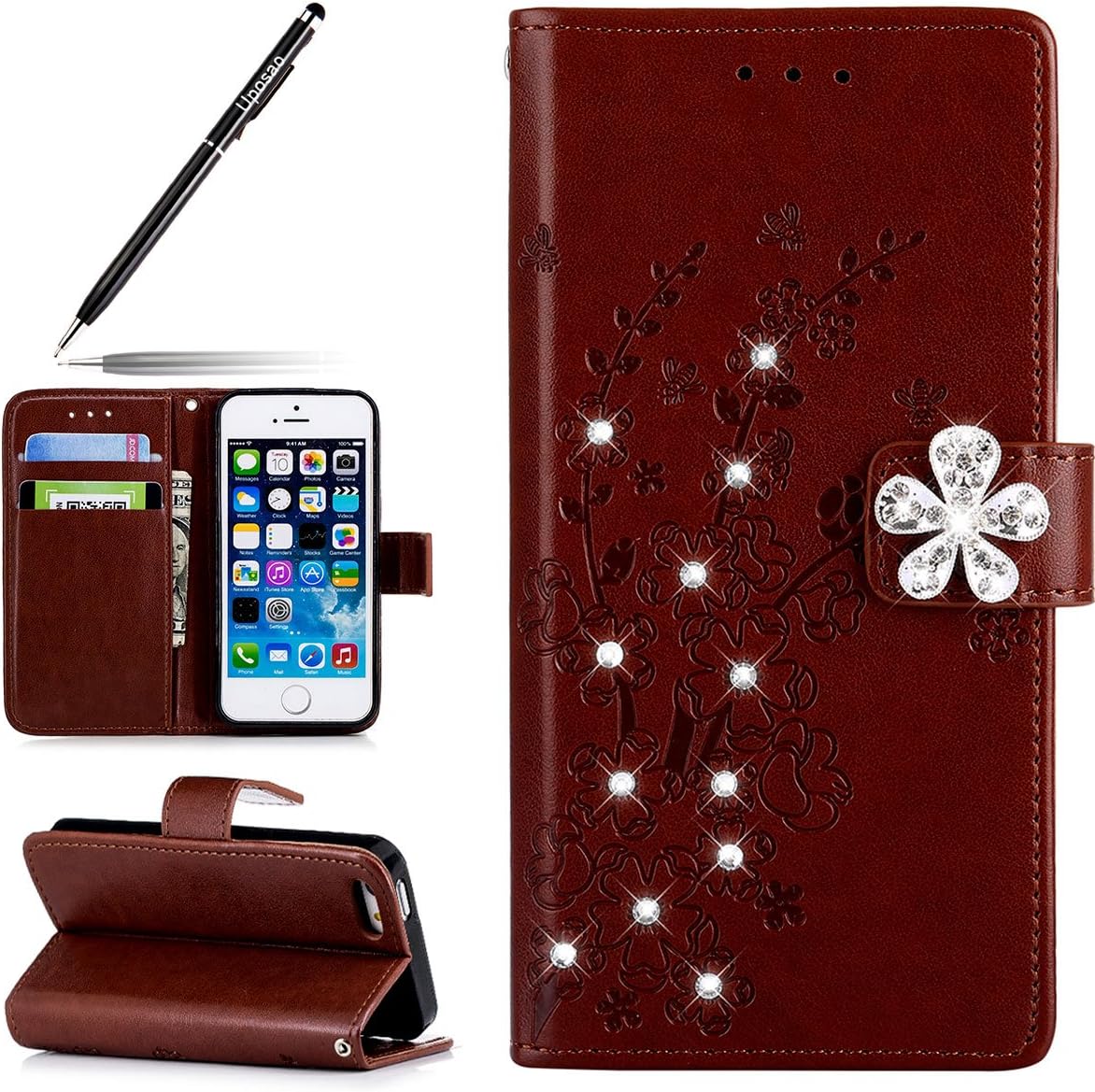 Glitter Case Leather for iPhone SE, Flip Wallet Case Cover for iPhone 5S, Uposao Luxury Glitter Sparkly Diamond Rhinestone Case Floral Butterfly Pattern Grils Women PU Leather Wallet Stand Flip Case