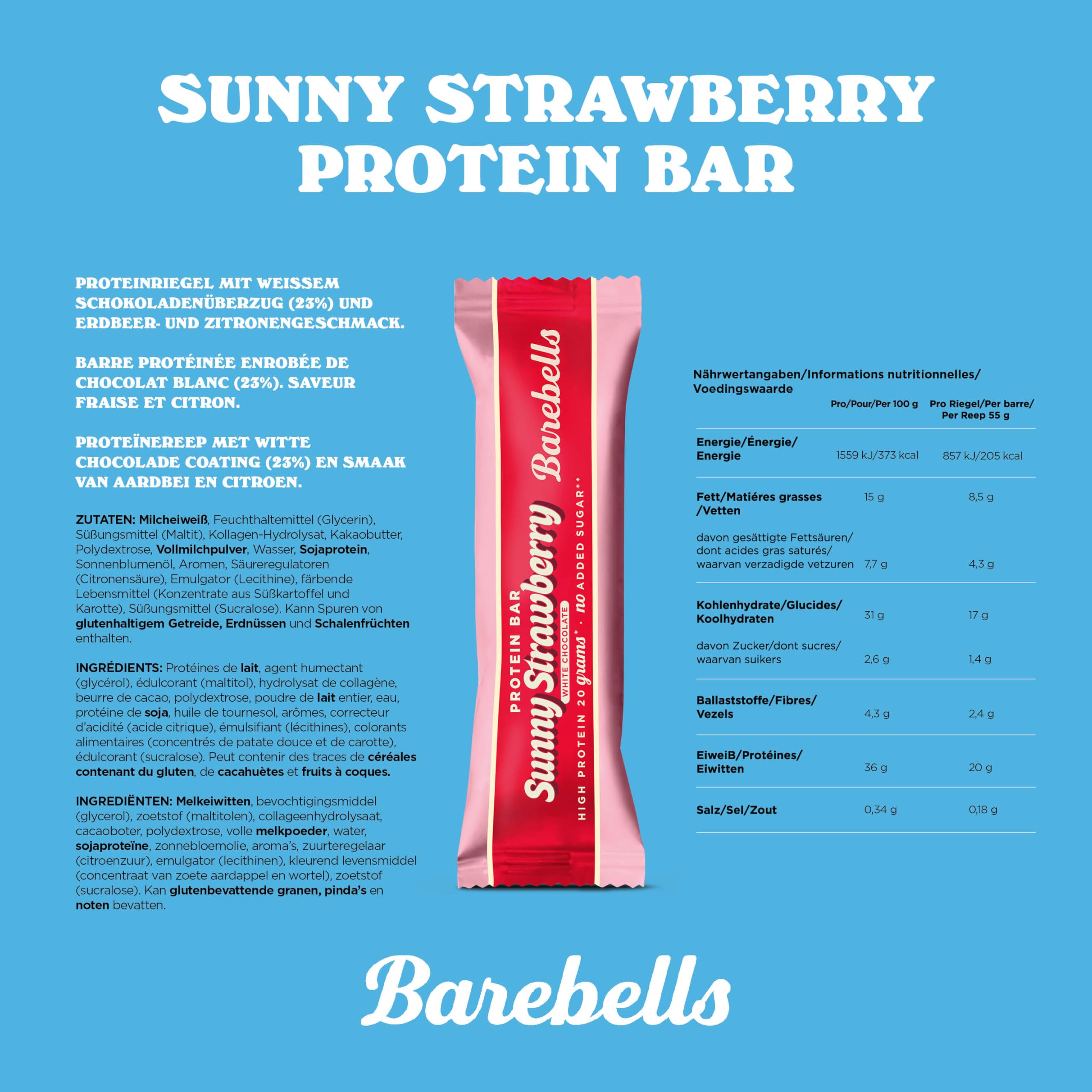 Barebells Protein Riegel – 16g High Protein Bar, Zuckerarm, Eiweißriegel, Ohne Palmöl – Sunny Strawberry, 12 x 55gr 5