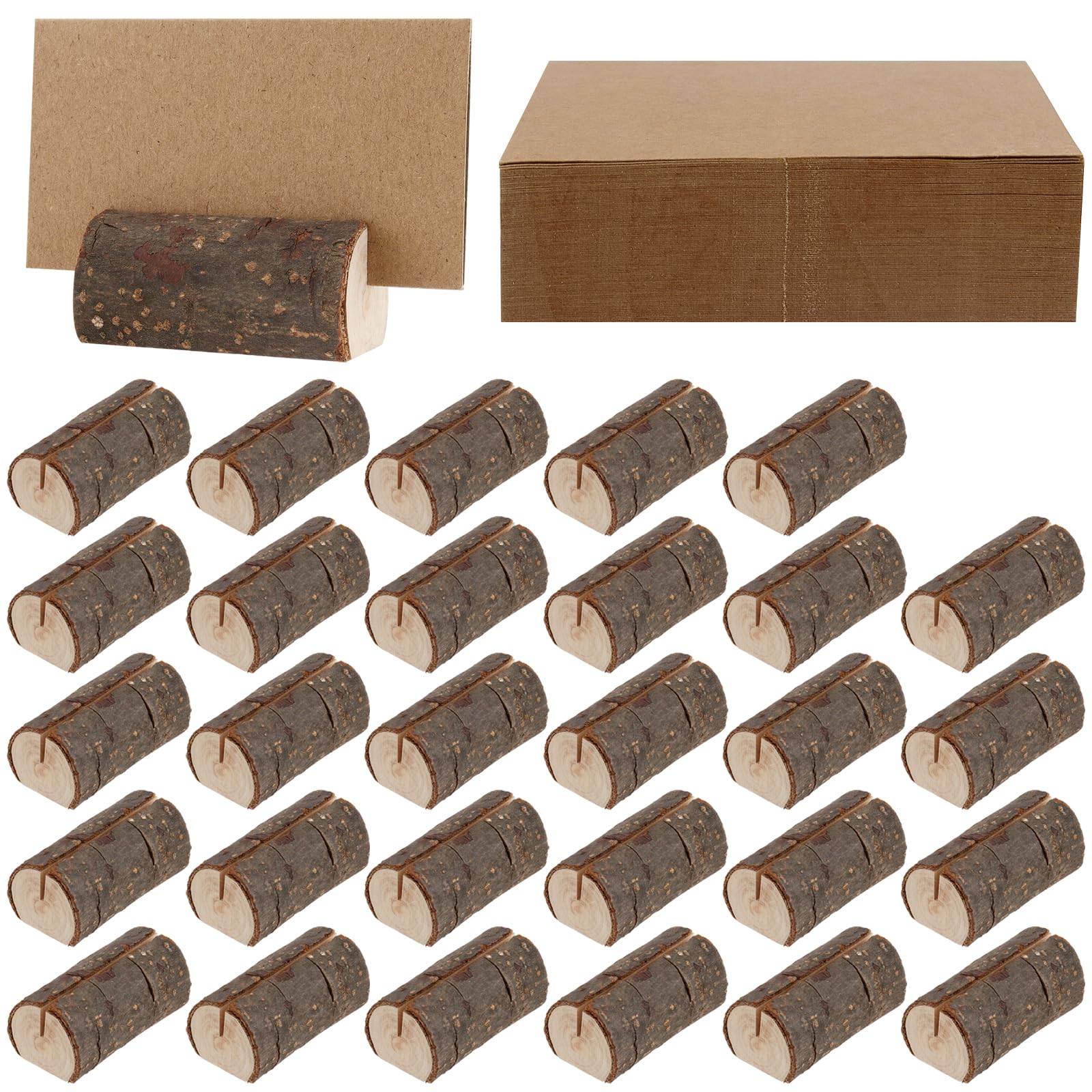 YUENPUN 30 PCS Rustic Wood Card Place Holders, Table Number Holder Stand with 45 Paper Cards, Wooden Table Menu Holders for Memo Note Photo