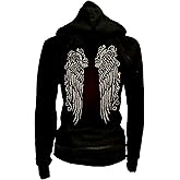 Fashion2ne1 Women's Long Angel Wings Zip up Hoodie,Sweater,LADY Rhinestones Streetwear Oversized Jacket,Woman Graphic Hoody