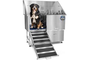 KANIS Professional Dog Washing Station - 304 Stainless Steel Pet Wash Sink & Grooming Bathtub w/Shower, Floor Grates and Storage for Large, Medium & Small Pets (50", 1 Drawer - Left Ramp)