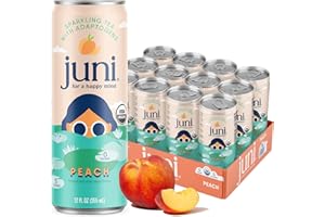 Juni Sparkling Adaptogen Drink with Ashwagandha, Lion’s Mane & Reishi Mushrooms | Green Tea for Focus, Zero Sugar, 5 Calories, Organic | Non Alcoholic Drinks - Peach 12 pack