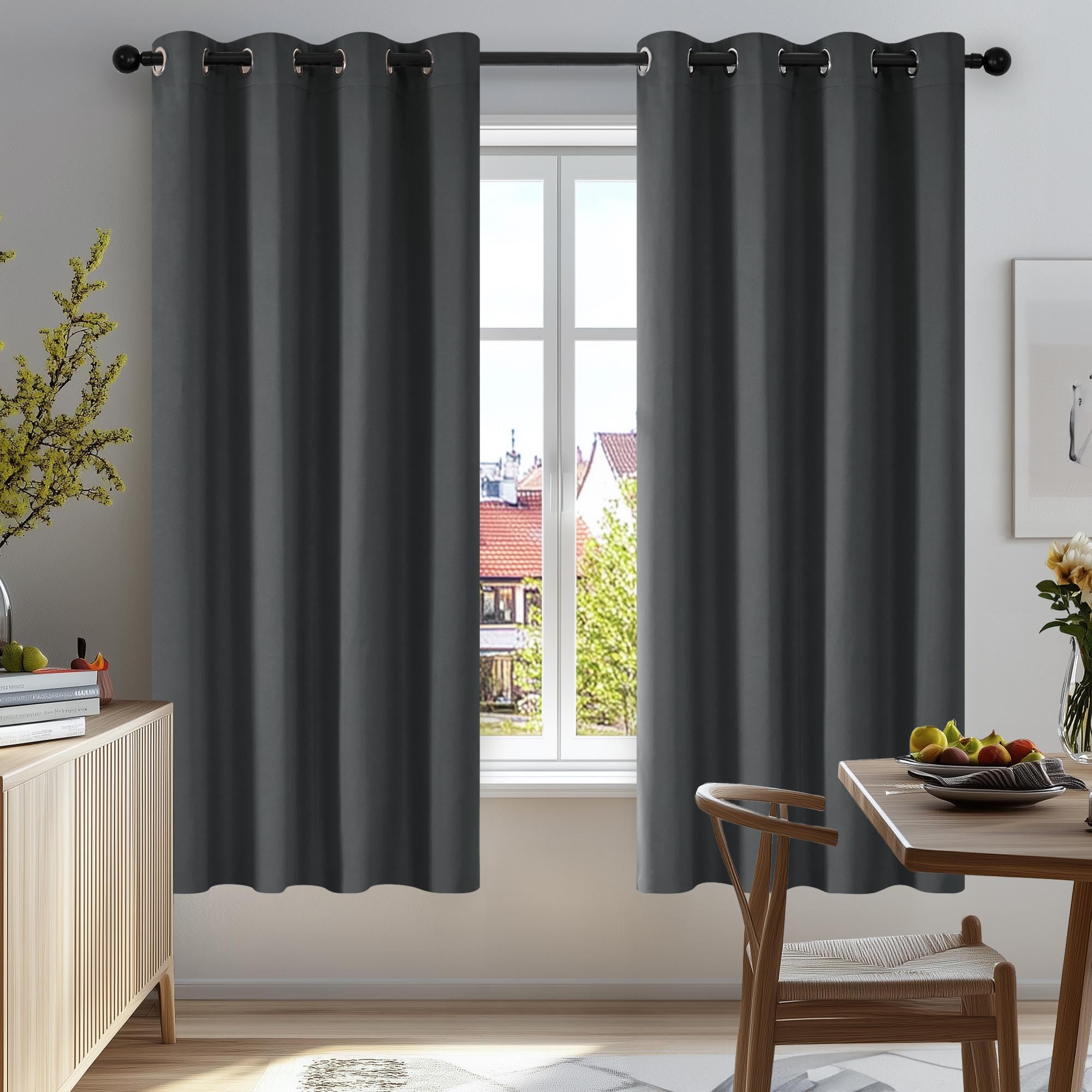Deconovo Solid Curtains Window Treatment Room Darkening Blackout Curtains Thermal Insulated Eyelet Curtains for Bedroom 52"x 54" Dark Grey 1 PAIR