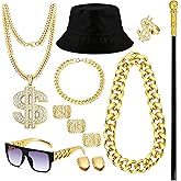 RIOSO 80s 90s Hip Hop Costume for Men Fake Big Chain Dollar Sign Rapper Outfits Kit Mens 90s Jewelry Costumes Accessories