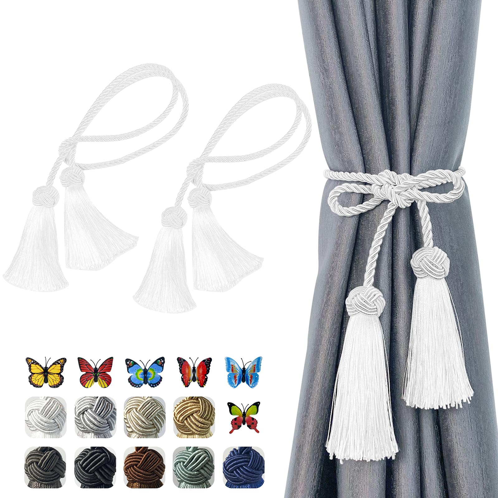 Photo 1 of 2 Pack Curtain Tassel Tiebacks, Curtains Tie Back Rope with Tassels, Handmade Decorative Curtain Holdbacks for Window Drapes - White