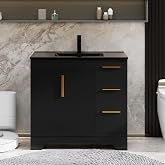 eclife 36" Bathroom Vanity with Sink Combo, Modern Freestanding Painted Storage Cabinet with Fluted Doors, 3 Drawers, Undermount Black Single Sink, Faucet, Drain, Black