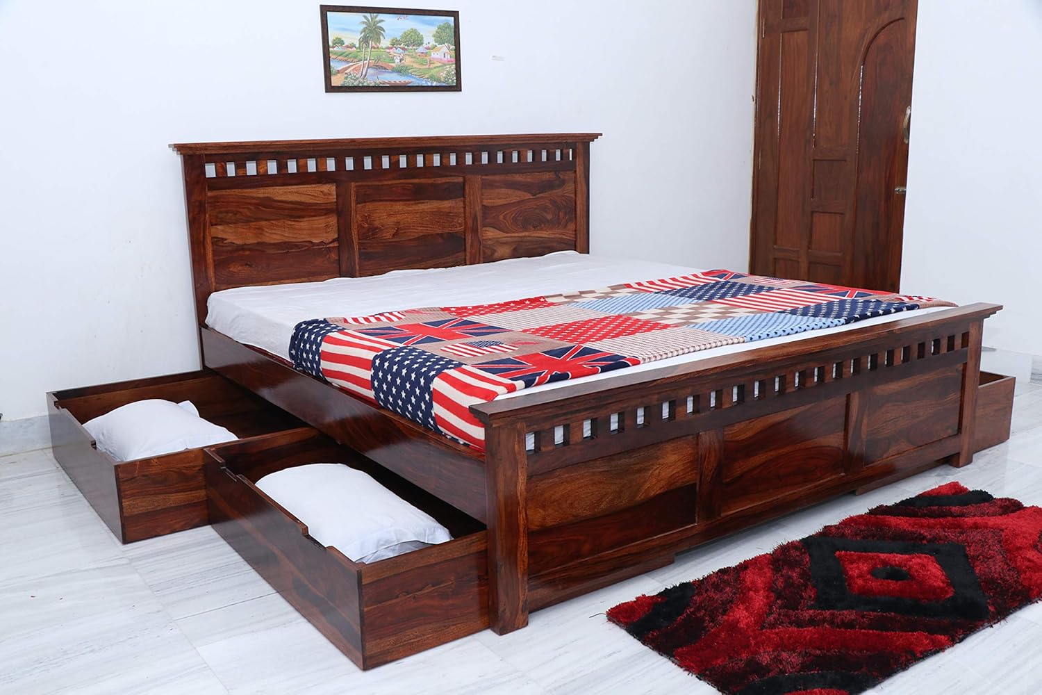 Tg Furniture Solid Sheesham Wood Jali Bed With Four Drawer Storage King Size Double Bed For Bedroom Living Room Home Natural Finish Amazon In Furniture King Size 12 Drawer Storage Bed