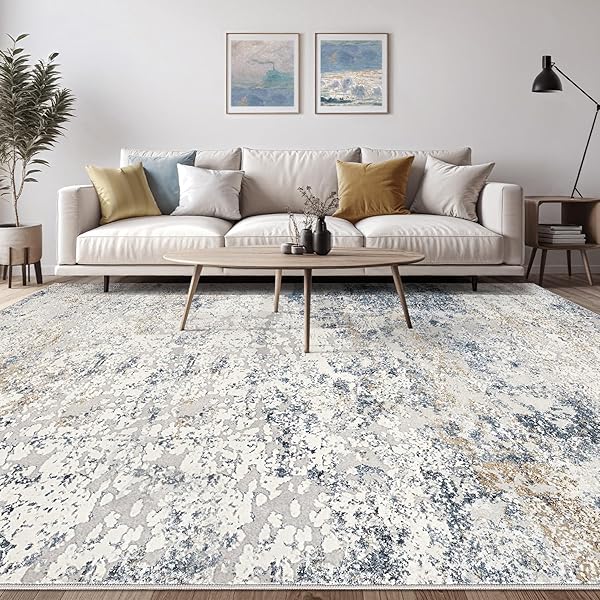 AREA RUG LIVING ROOM RUGS – 9X12 ABSTRACT LARGE SOFT INDOOR WASHABLE RUG NEUTRAL MODERN LOW PILE CARPET FOR BEDROOM DINING ROOM FARMHOUSE HOME OFFICE – BEIGE BLUE