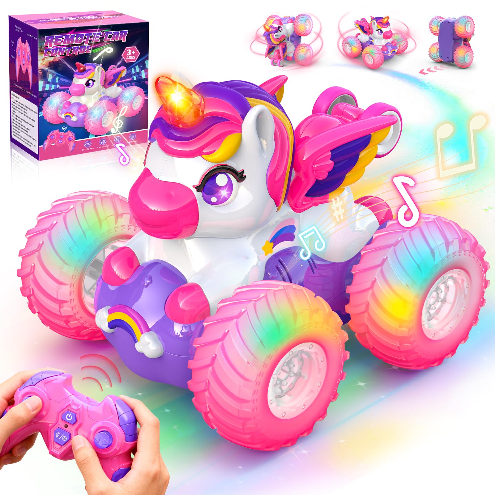 HappyGoLucky Remote Control Cars, Unicorn Gifts for Girls 3-8 year Old, Toys for 2-8 year Old Girls Birthday Presents, Music Rc Stunt Car With Light & 360° Upright Rotating, Outdoor Toys Garden Games