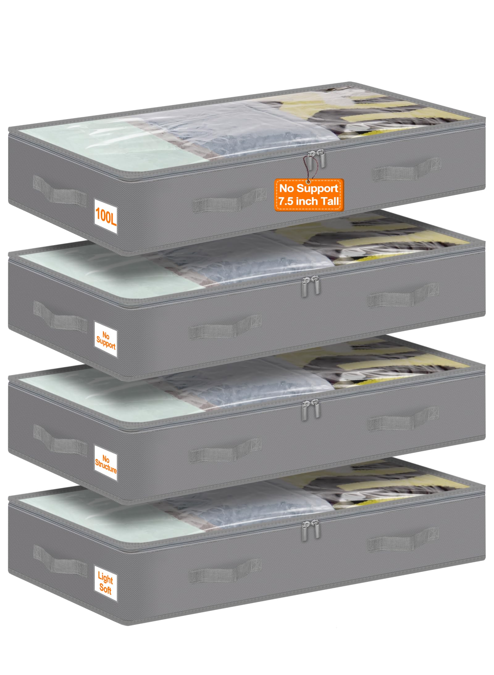 Photo 1 of punemi Under Bed Storage Containers, 4 Pack Large Soft Foldable Storage Bags with Clear Top for Blankets, Comforters, Sheets, Wrapping Paper, Water-Resistant Inner Layer, 20x40x7.5 in, Gray