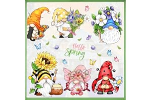 Mfault 102 PCS Hello Spring Gnome Flower Window Clings 9 Sheets, Floral Sunflower Daisy Butterfly Wall Stickers Decal Decorations, Honey Bee Ladybug Seasonal Living Room Home Kitchen Decor