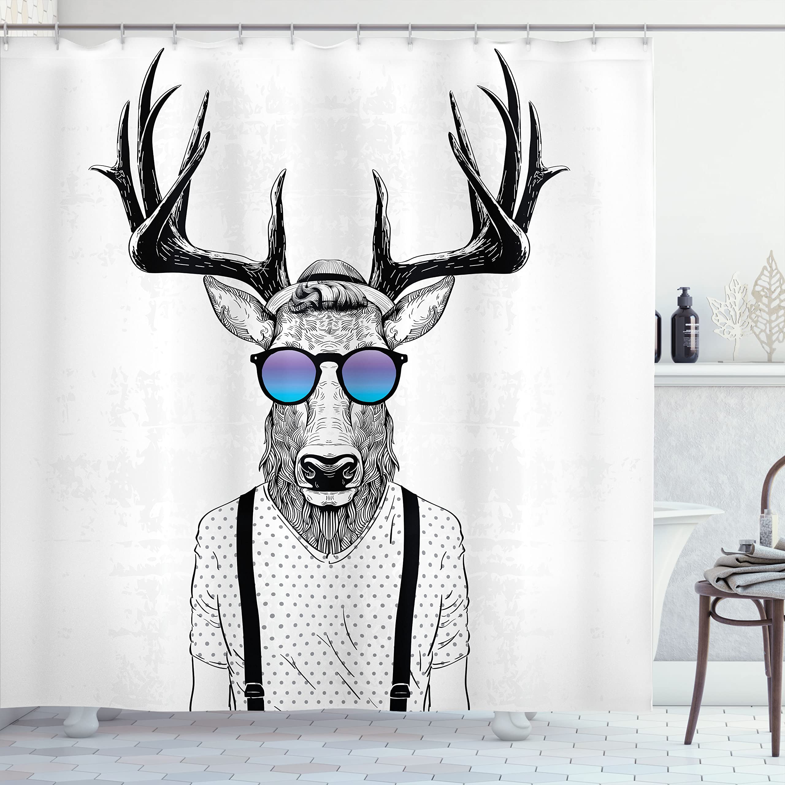 ABAKUHAUS Antlers Shower Curtain, Illustration of Deer Dressed up Like Cool Hipster Fashion Creative Fun Animal, Cloth Fabric Bathroom Decor Set with Hooks, 175 x 200 cm, Charcoal White