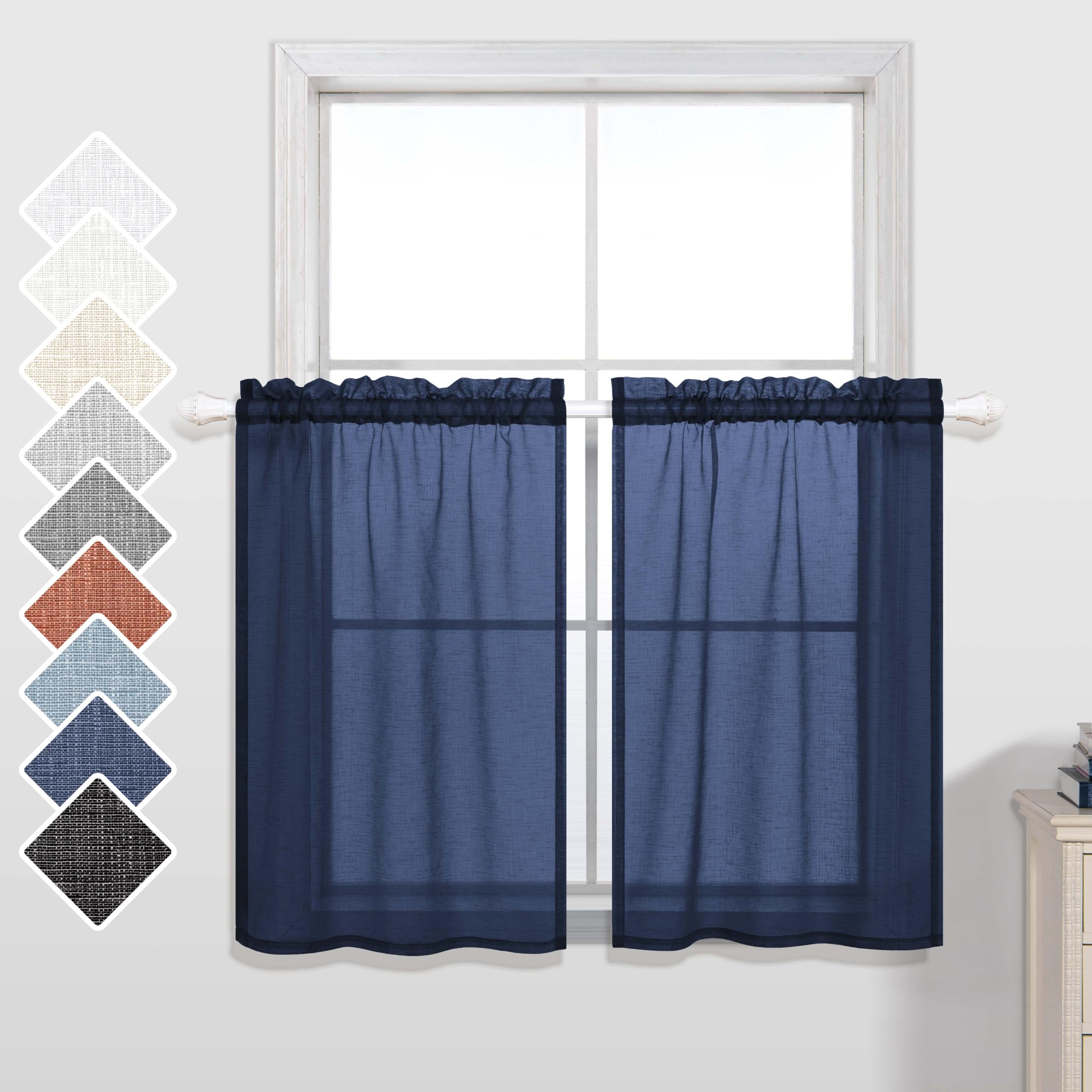 KOUFALL Short Curtains 24 Inch Length for Small Window Rod Pocket Semi Sheer Cafe Tier Curtains for Bedroom Navy Blue