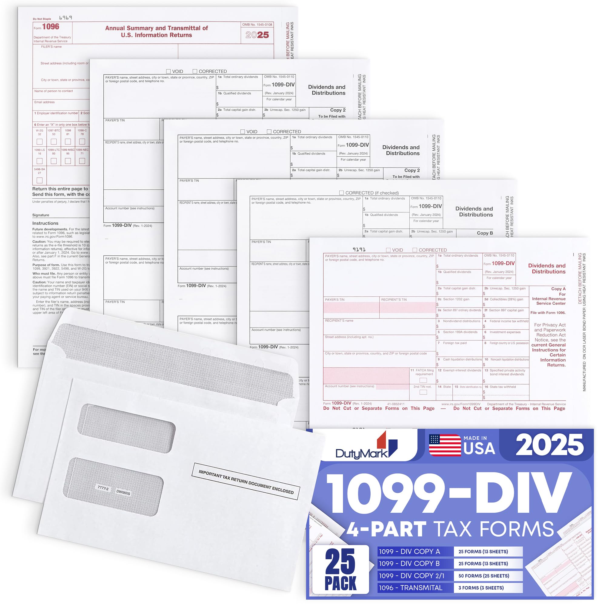 Photo 1 of 1099 DIV Forms 2025, 4 Part 25 Pack of Dividend Income and Distribution IRS Forms 2025, with Self-Seal Envelopes in Value Pack Compatible with QB and Accounting Software