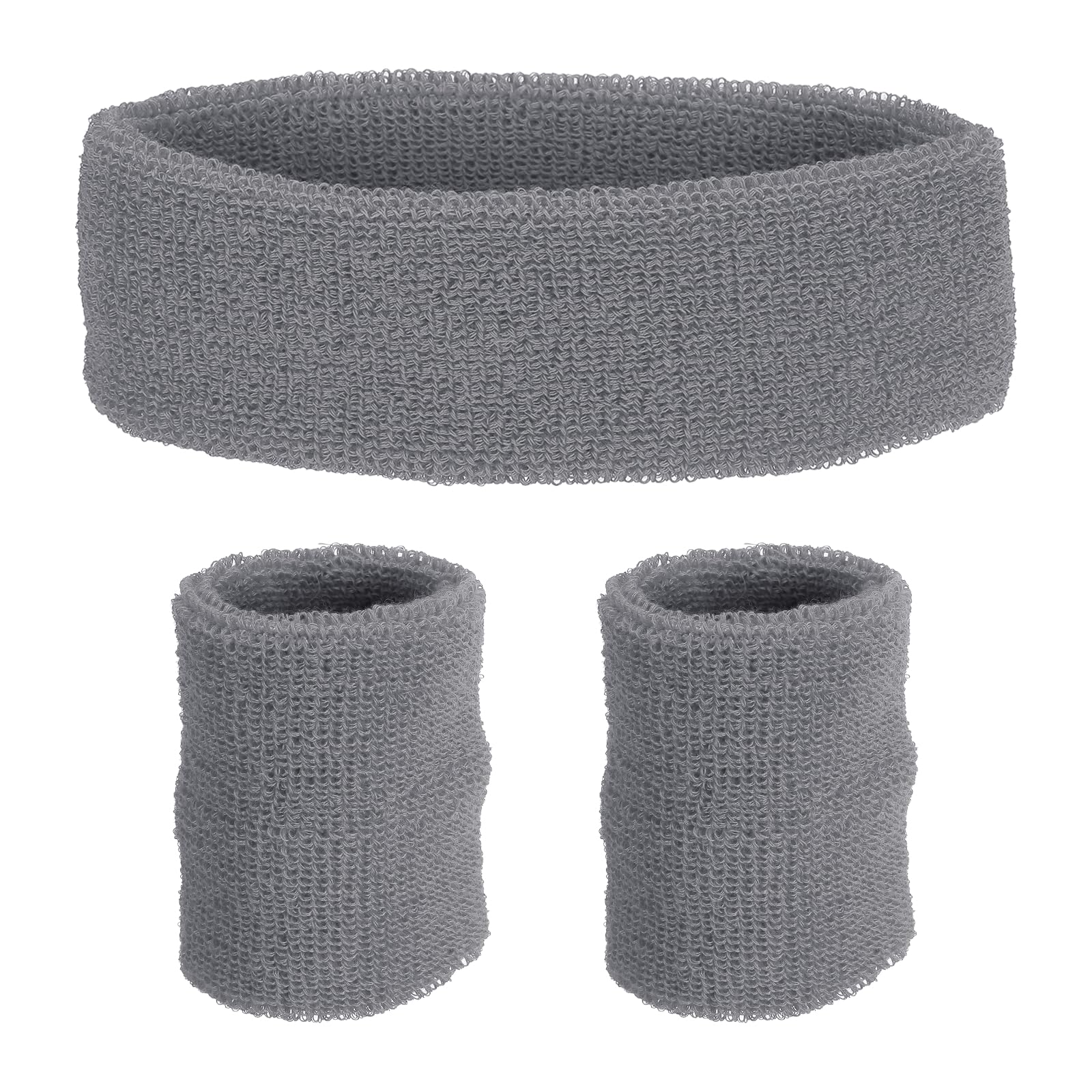PATIKIL Sports Wristbands Headband Set, 8x8cm Cotton Terry Cloth Athletic Absorbent Sweatband 20x5cm Headband for Tennis Basketball Running, Gray (1 Headband & 2 Wristbands)