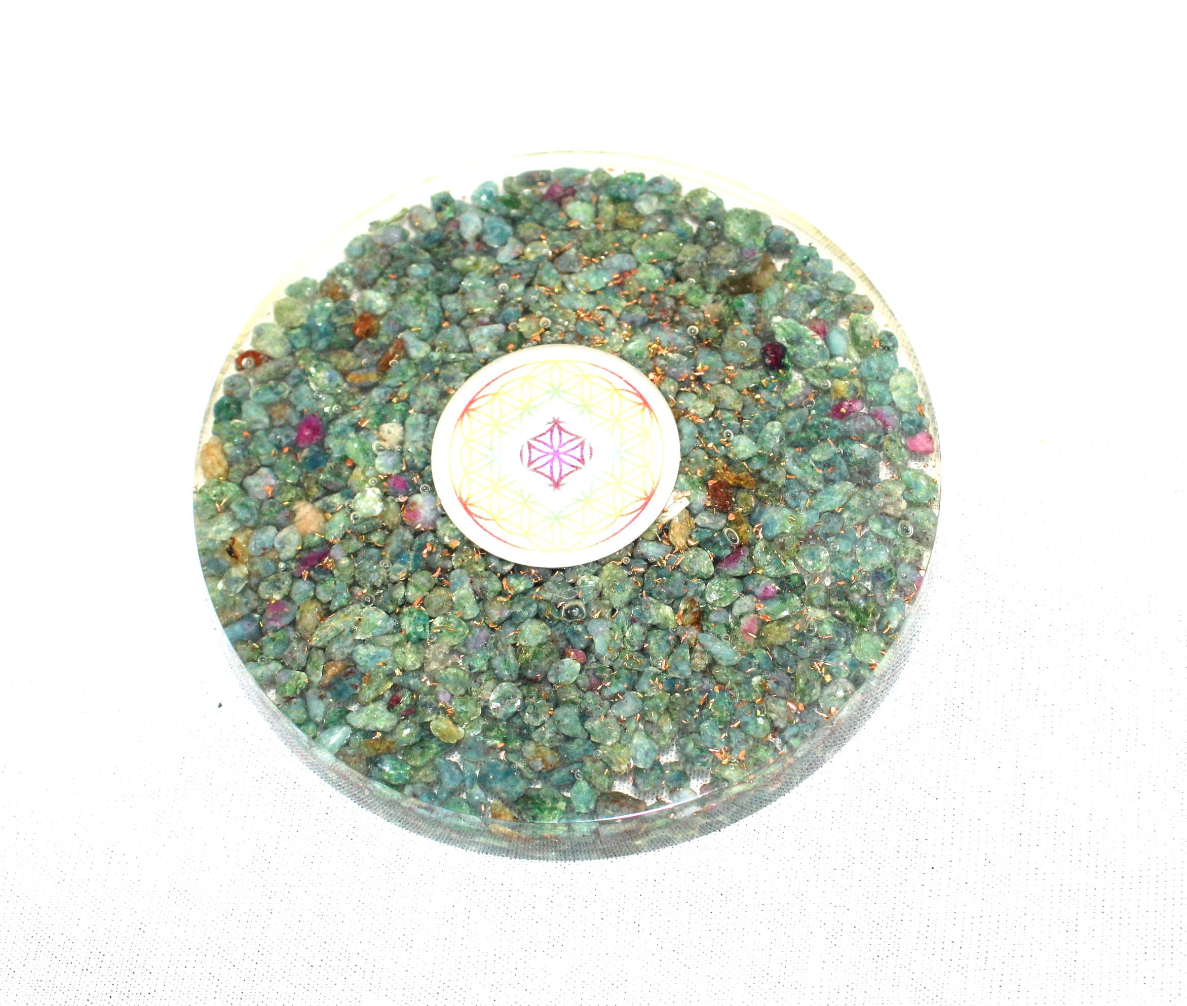 Prajet Ruby Fuschite Gemstone O-rgone Tea Coaster Flower of Life Round Crystal Therapy Chakra Balancing Healing Crystal.