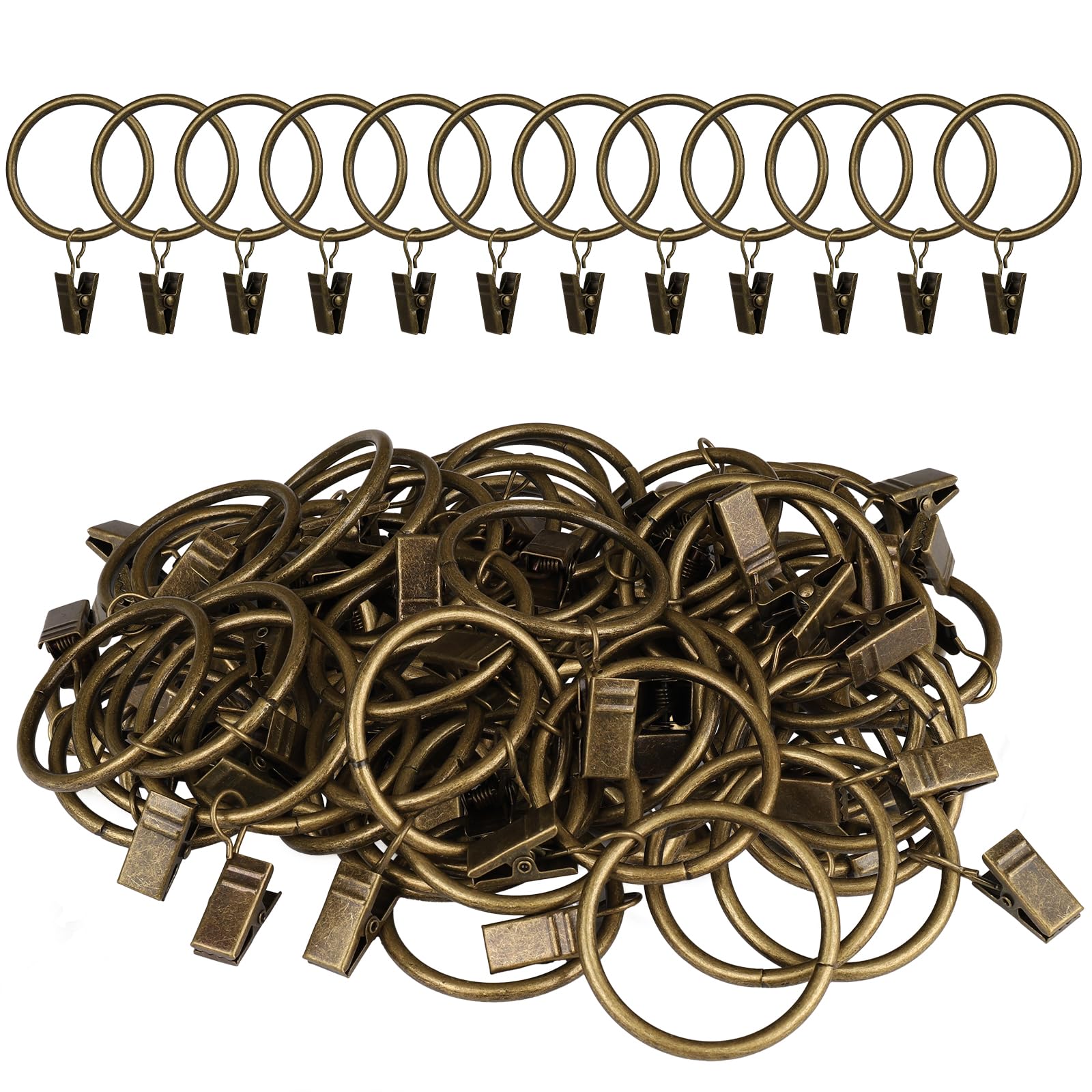 Manysky Curtain Rings with Clips, 44 Pack Metal Drapery Rings with Clips Hooks Hangers for Hanging Drapes Bows Hats, Drapes Rings 1.5 in Interior Diameter, Fits to 1.2 in Curtain Rod, Antique Bronze