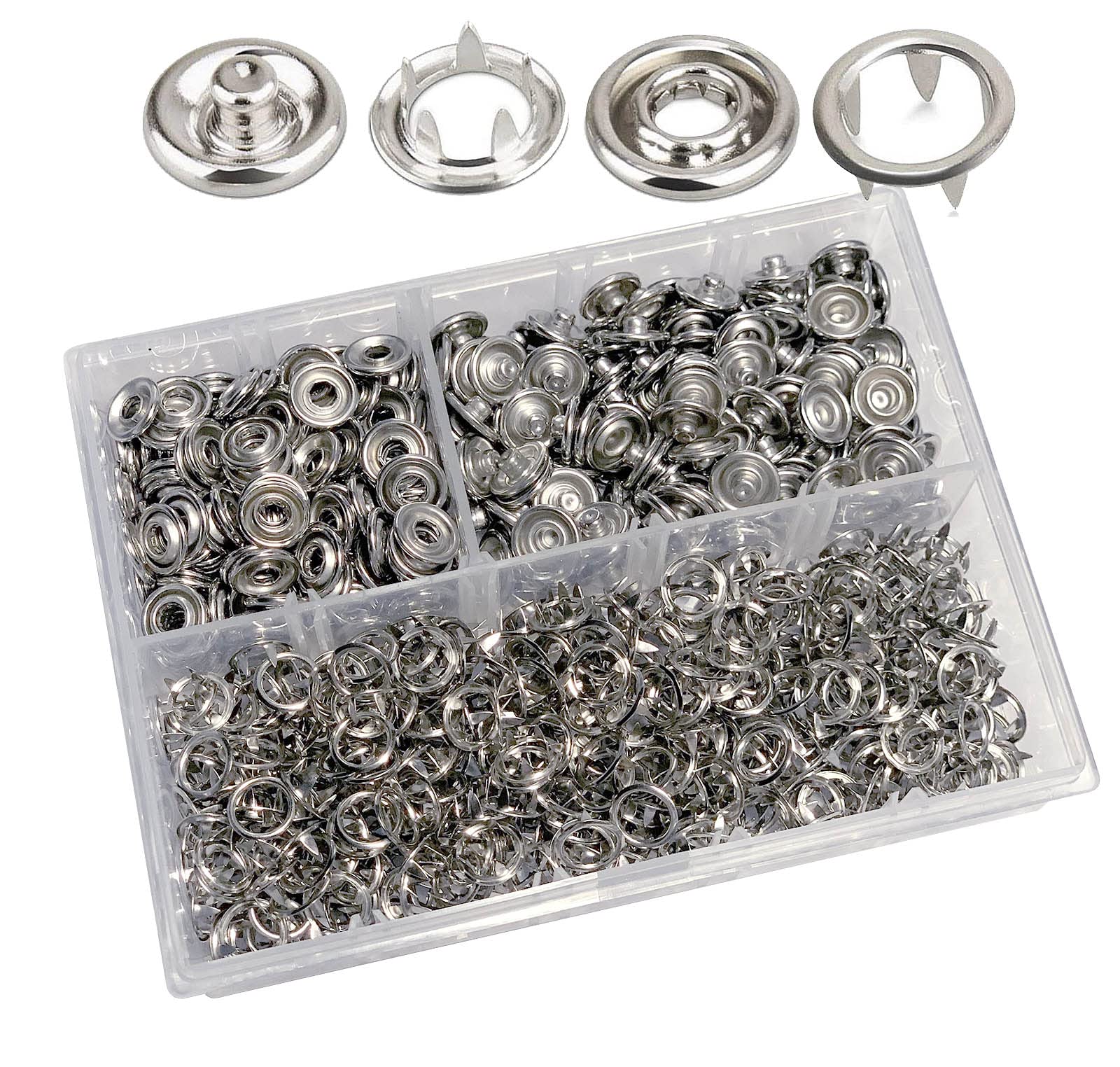 Set of 200 10 mm Press Studs, Silver Metal Press Studs, Sewing Free Buttons, Hollow Fixed Buttons, Tool Prong Buckle, Cam Snaps for DIY Crafts, Baby, Children, Jersey Fabric, Clothing Bags