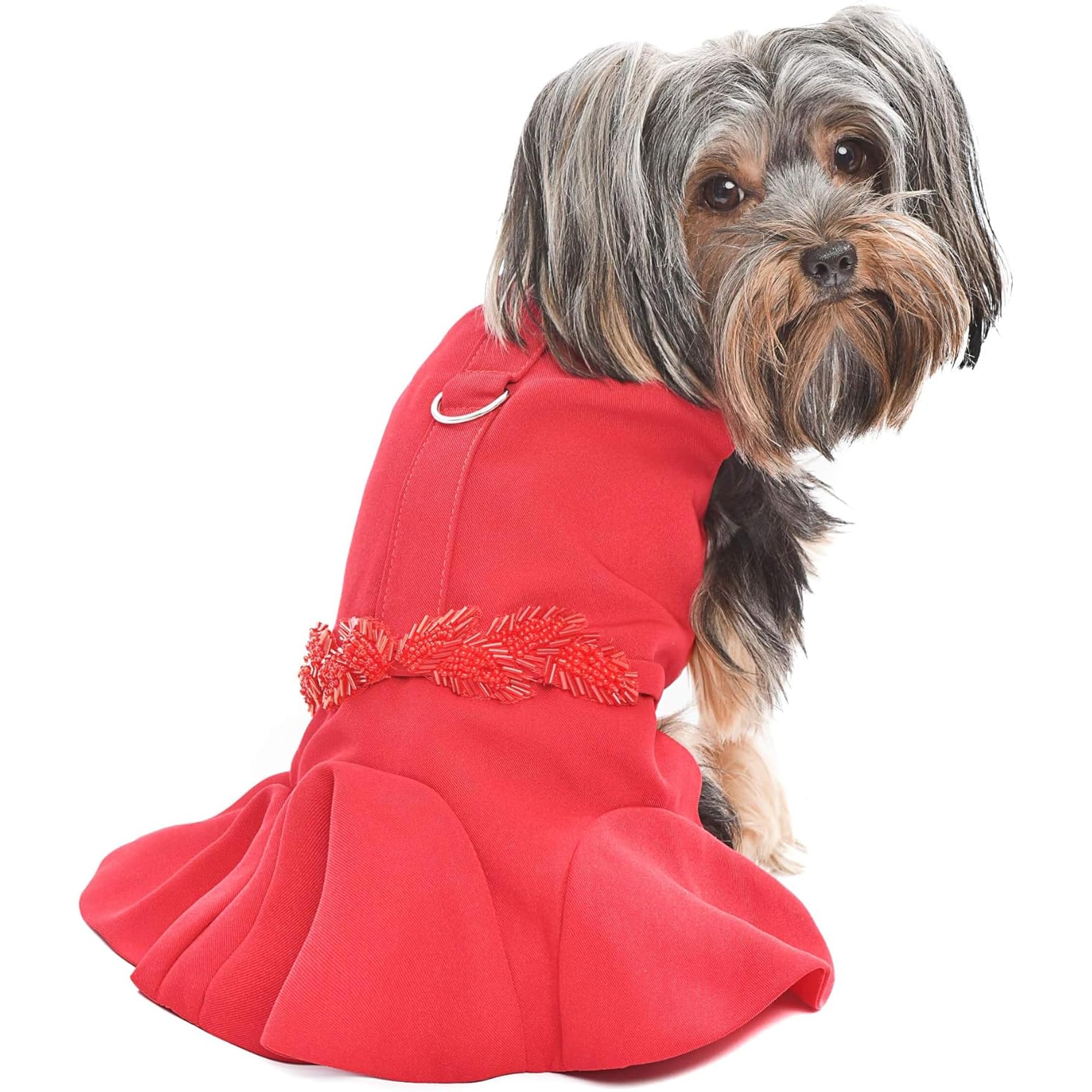 Parisian Pet Designer Embellished Red Flounce Dog Dress Holiday Party Special Occasion Dresses for Pets
