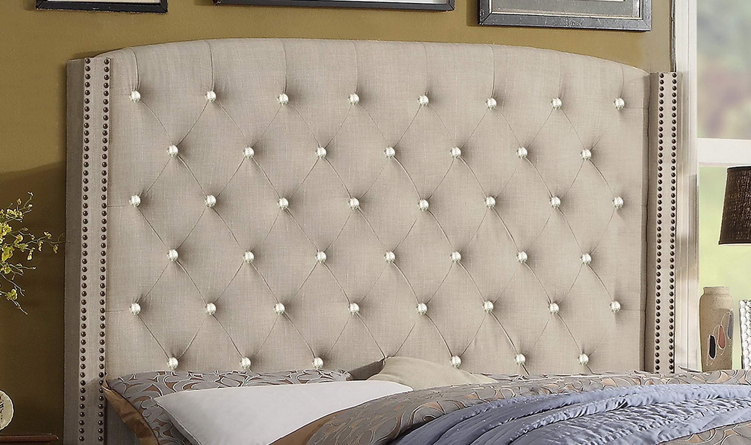 Rosevera Louis Linen Upholstered Wingback Headboard with Double Nailhead Trimming and Button Tufting for Bedroom, Queen, Natural Beige