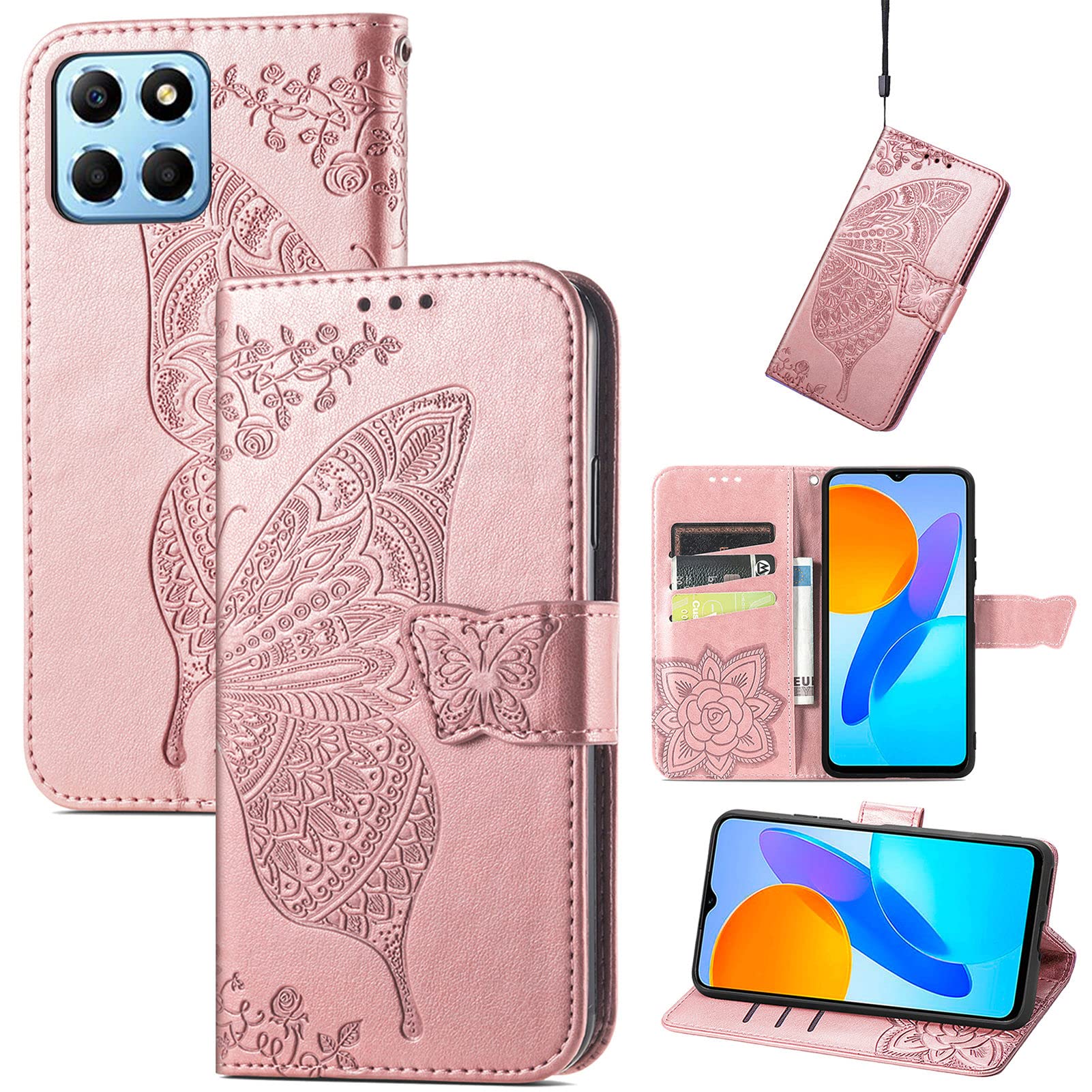 JIUNINE Case for Honor X6 / Honor X8 5G / Honor 70 Lite, Leather Wallet Case Flip Cover with Butterfly Embossed Pattern [Card Holder] [Magnetic Closure] [TPU Inner Shell] for Honor 70 Lite, Rosegold