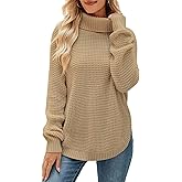QIANSIQIANBO Women's Sweaters Fall Ribbed Knit Turtleneck Sweater Loose Casual Long Sleeve Split Soft Pullover Top