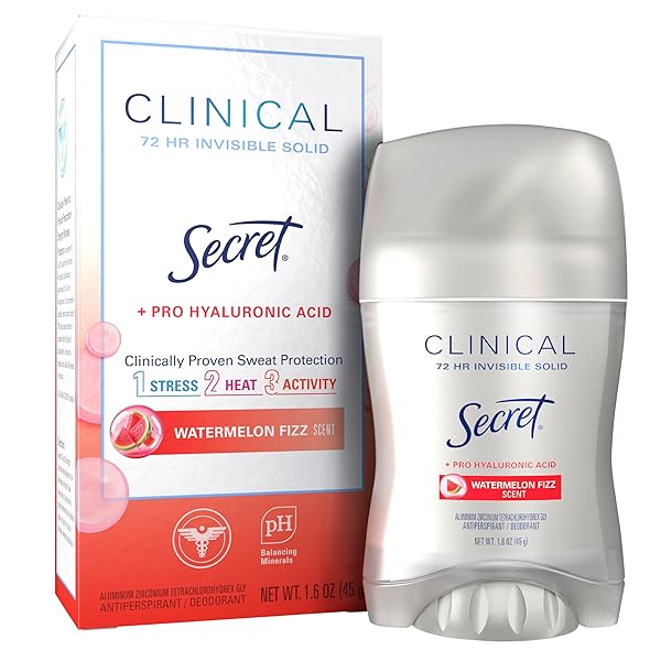 SECRET CLINICAL STRENGTH ANTIPERSPIRANT DEODORANT FOR WOMEN, 3X STRESS PROTECTION, 72HR SWEAT & ODOR PROTECTION, PRO-HYALURONIC ACID, INVISIBLE SOLID, WATERMELON SUMMER FIZZ SCENT, 1.6 OZ
