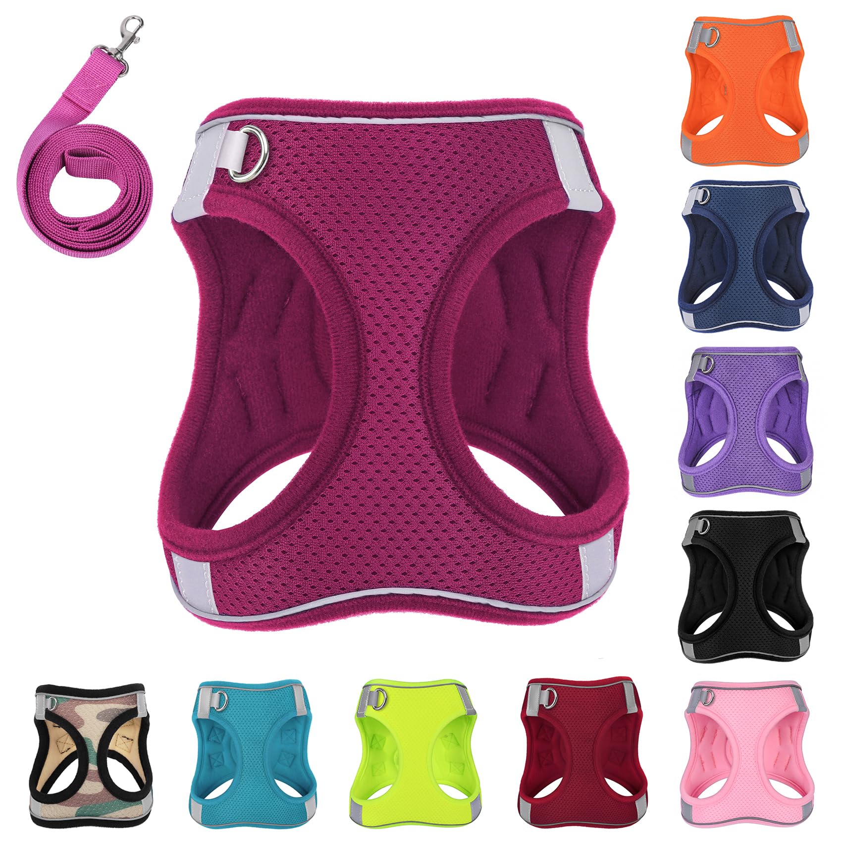 Photo 1 of PWOD Dog Harness with Leash Set, No-Pull Step-in Reflective Pet Harness with 1 Leash Clips, Adjustable Soft Padded Easy Walk Dog Vest for Small Medium Large Dogs, Cats(Rose Red, Medium)