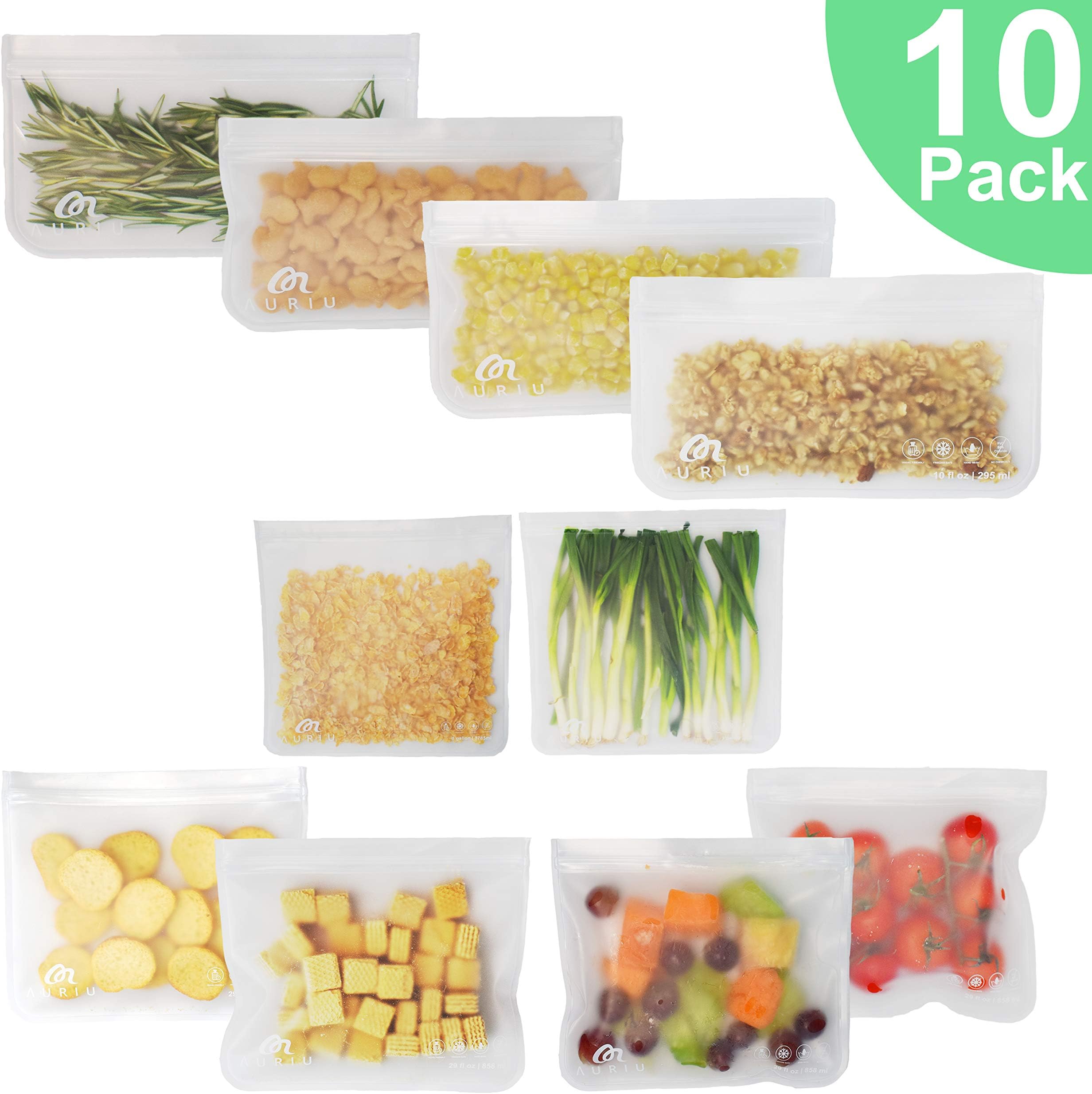 Reusable Storage Bags [10 PACK] Freezer Safe Leakproof (4 Reusable Sandwich Bags, 4 Reusable Snack Bags, 2 Storage Bags) Eco Bags BPA FREE Easy Seal Ziplock Bag Food Storage Home Travel Organization