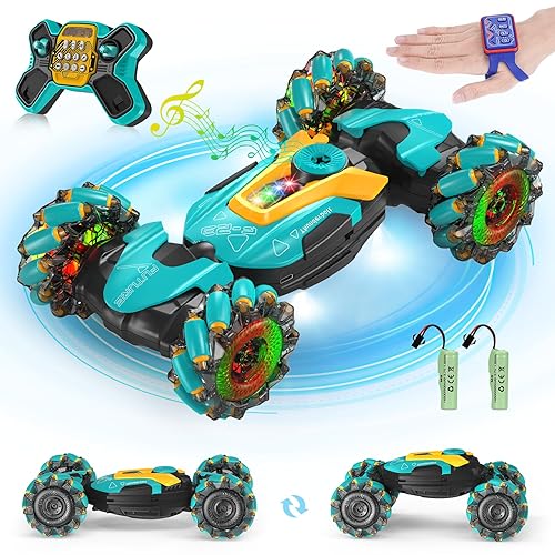Gesture Sensing RC Stunt Car, Remote Control Twist Cars for Boy & Girls, 2.4GHz 4WD RC Cars with Lights & Music, Drift Hand Controlled Offroad 360° Rotation Stunt Car Toys Gift for 6-12 yr