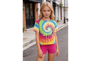 Girls' Tie-Dye Short Sleeve & Pink Biker Shorts Set, Colorful Summer Casual 2-Pieces Outfit (8Y-11Y)