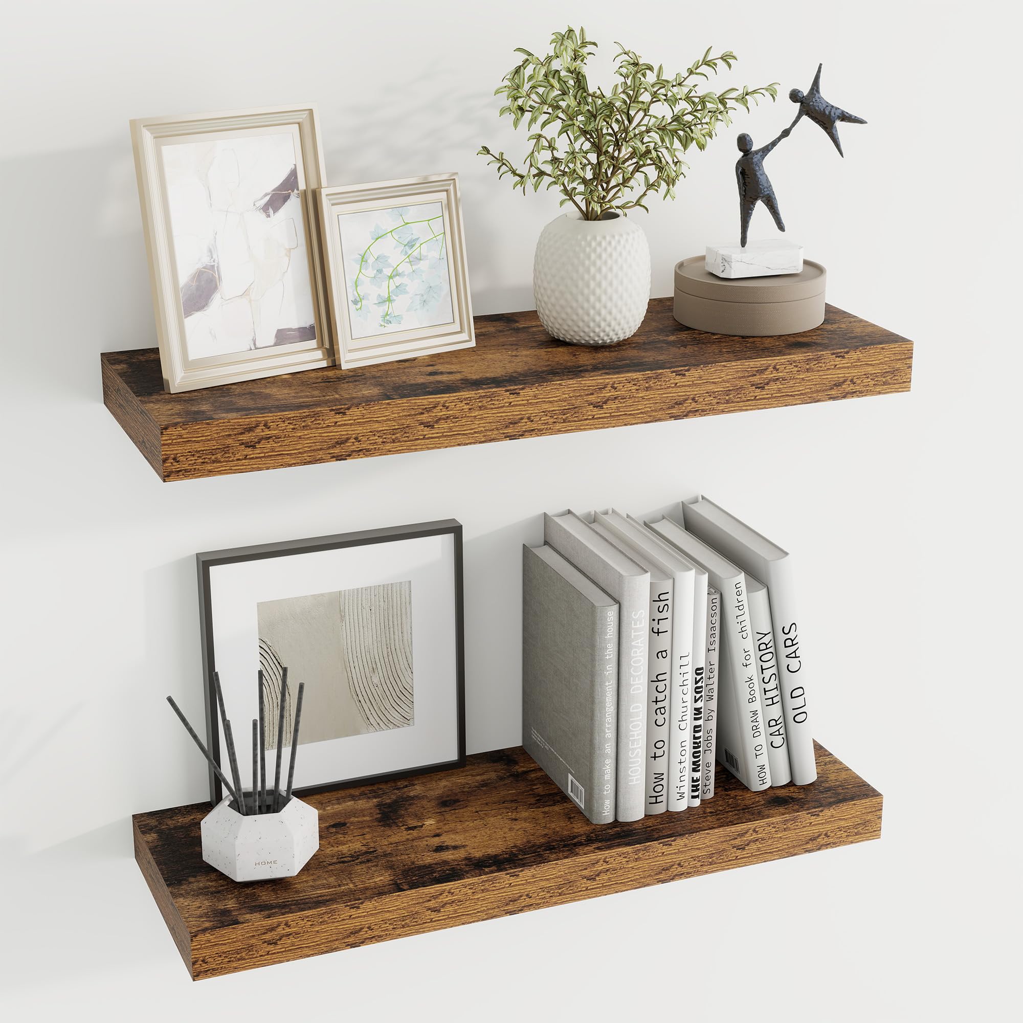 Photo 1 of 24 inch Floating Shelves Long Floating Shelves for Wall Large Wall Mounted Shelves with Invisible Brackets, Brown Shelves for Bathroom, Living Room, Kitchen, Office, 24x6.7 inch deep Set of 2