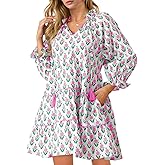 Wenrine Womens Casual Mini Dress Long Sleeve Floral Ruffle V Neck Fall Loose Boho Babydoll Dresses with Pockets