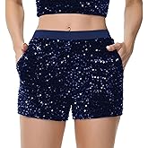 Anna-Kaci Women's Sparkly Sequin Shorts Elastic Waist Glitter Straight Leg Party Shorts with Pockets