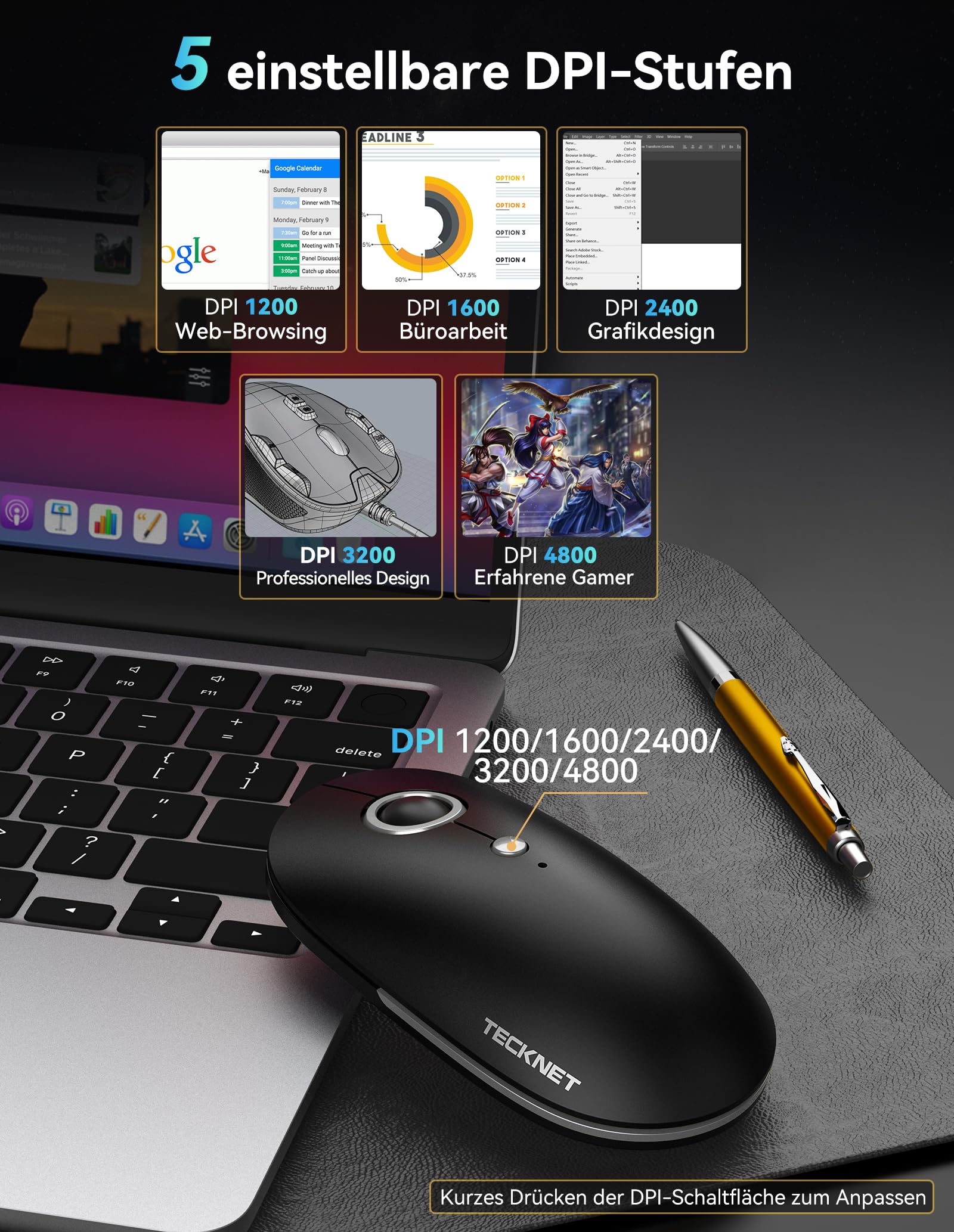 TECKNET Slim Maus Kabellos, 2,4 GHz Funkmaus mit USB C Adapter, 4800 DPI Maus mit 5 DPI Einstellbar, Silent Mouse, Ultra DüNne Wireless Mouse, Computermaus fur Mac/PC/Laptop,18 Monate Akkulaufzeit 3