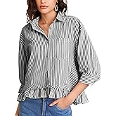 Flygo Womens 3/4 Sleeve Striped Button Down Shirts Cropped Ruffle Hem Casual Collared Drop Shoulder Cotton Blouse Summer Tops