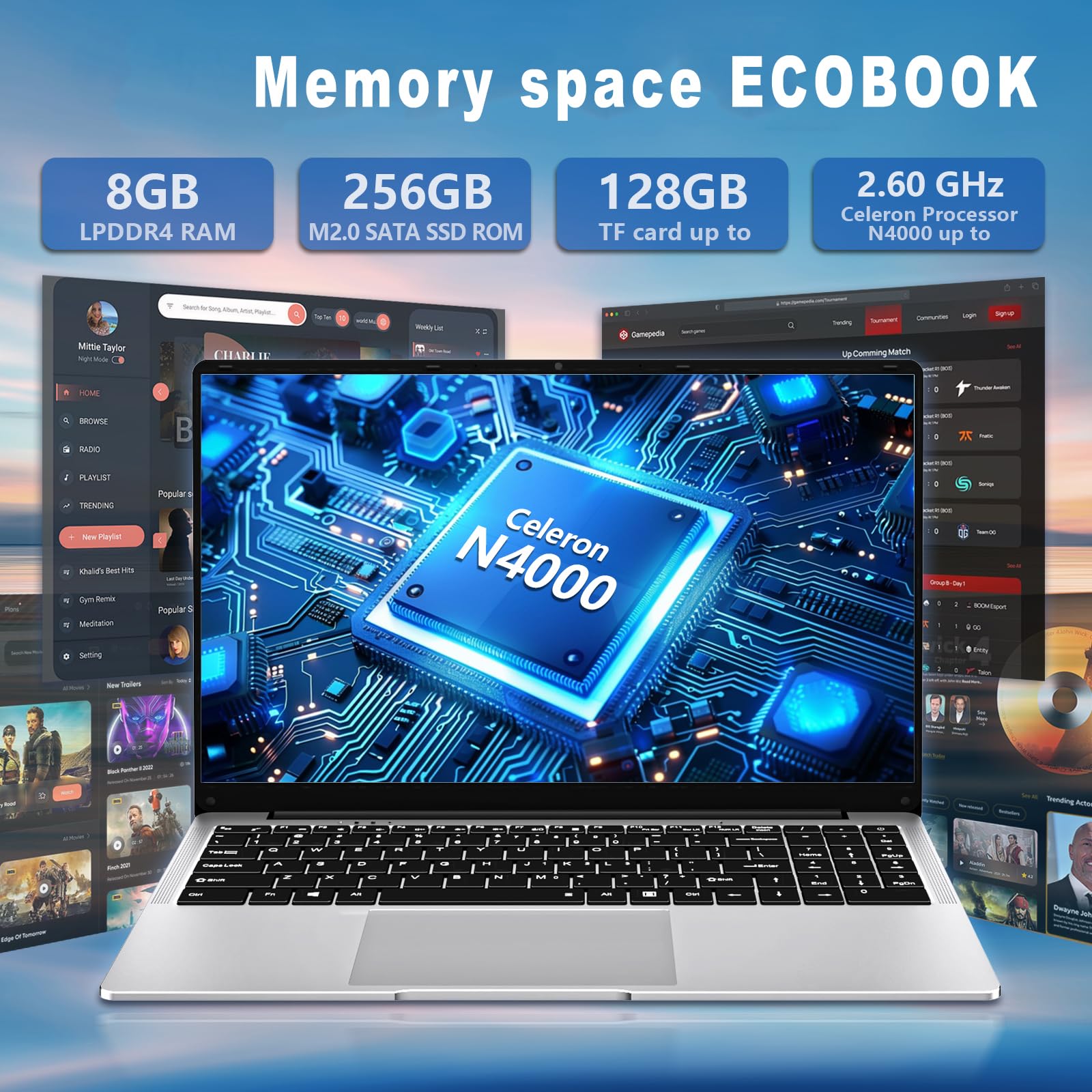 15.6 inch Laptops, Gaming Laptop with 8GB RAM 256GB SSD, Laptop Gamer, Traditional Laptops N4000, Netbook Computers Full HD 1920X1080 Display WiFi5 Mini-HDMI 180 Angle Opening for Student Business