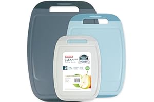 Neoflam Microban Antimicrobial Plastic Cutting Board 3 Sets, BPA Free, Non-Slip EZ Grip Handle, Dishwasher Safe, Reversible Use, Large Juice Grooves, Blue Gray