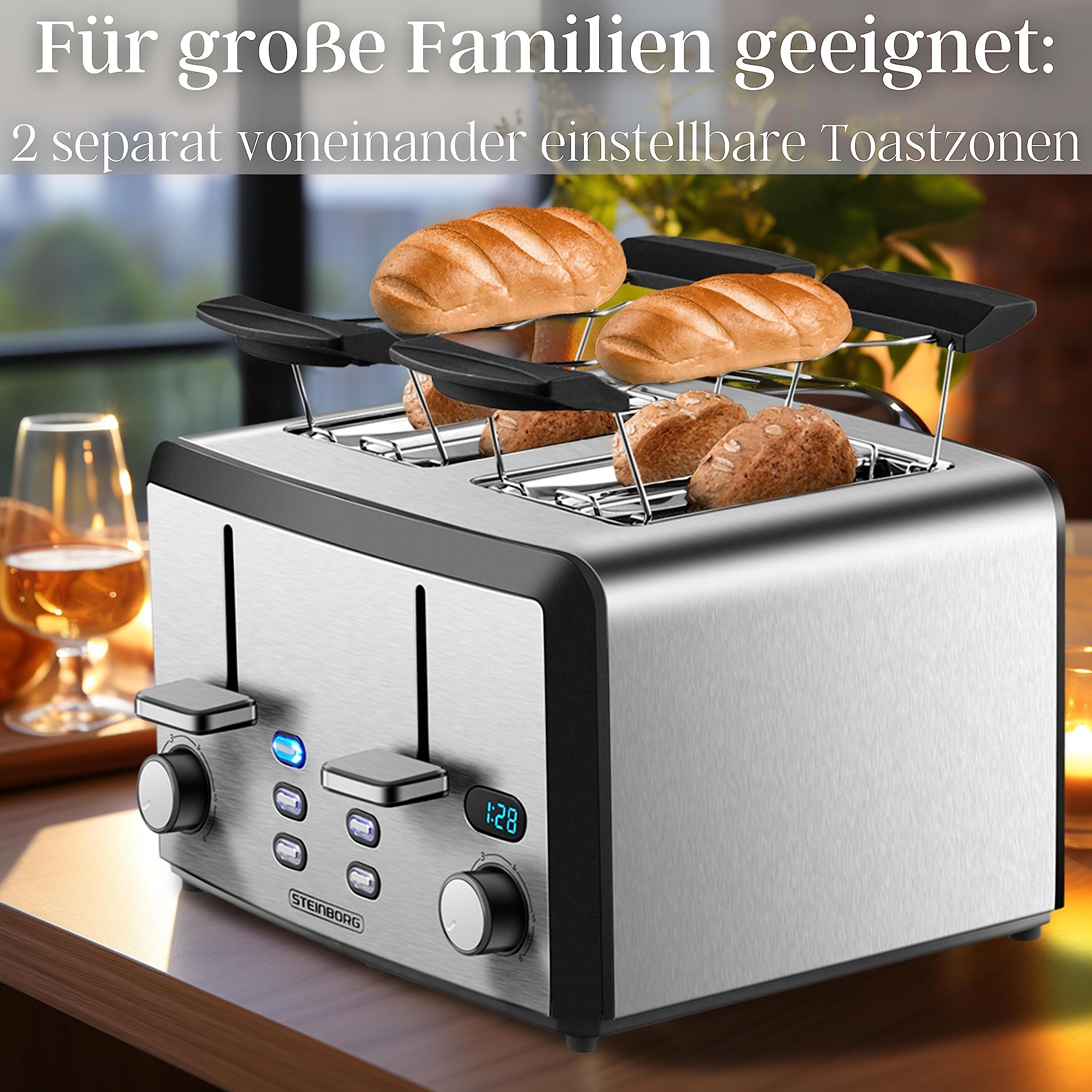 XXL Toaster 4 Toastschlitze | Toastautomat | 1600 Watt | 6-Stufen Bräuneregler | 2x Brötchenaufsatz | Auftau-Funktion | 2x Krümelschubladen | Edelstahl | 4-Fach | LED Displays 2