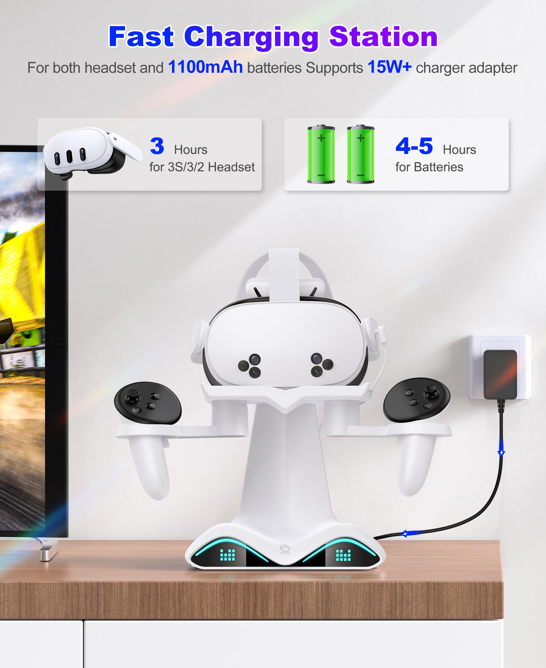 Kawaye Fast Charging Dock for Oculus Quest 2/3/Quest 3S Accessories, VR Headset Vertical Charging Station with Dynamic Color Light, 4 Pack Rechargeable Batteries,15W Adapter