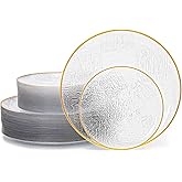 Pryntono 120 PCS Clear Plastic Plates, Geometric Embossed Disposable Plates with Gold Rim, Heavy-duty Gold Plates Include 10" Dinner Plate & 7" Salad Plate for Party and Wedding