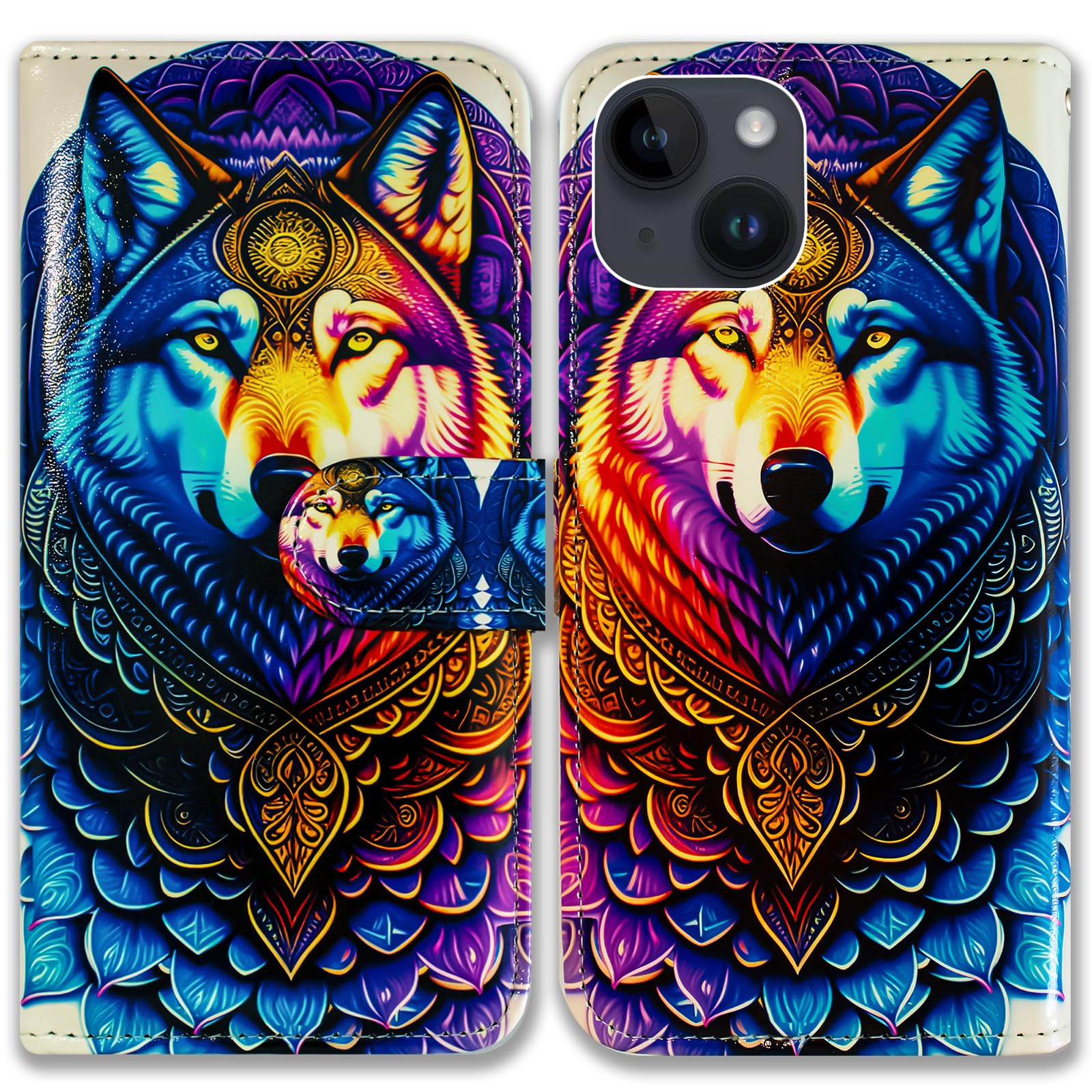 Bcov iPhone 15 Case,Floral Wolf Mandala Leather Flip Phone Case Wallet Cover with Card Slot Holder Kickstand for iPhone 15