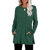 SAMPEEL Womens Sweaters Crewneck Long Sleeve Shirts with Pockets Fall Outfits 2025 Fashion Winter Clothing Side Slit