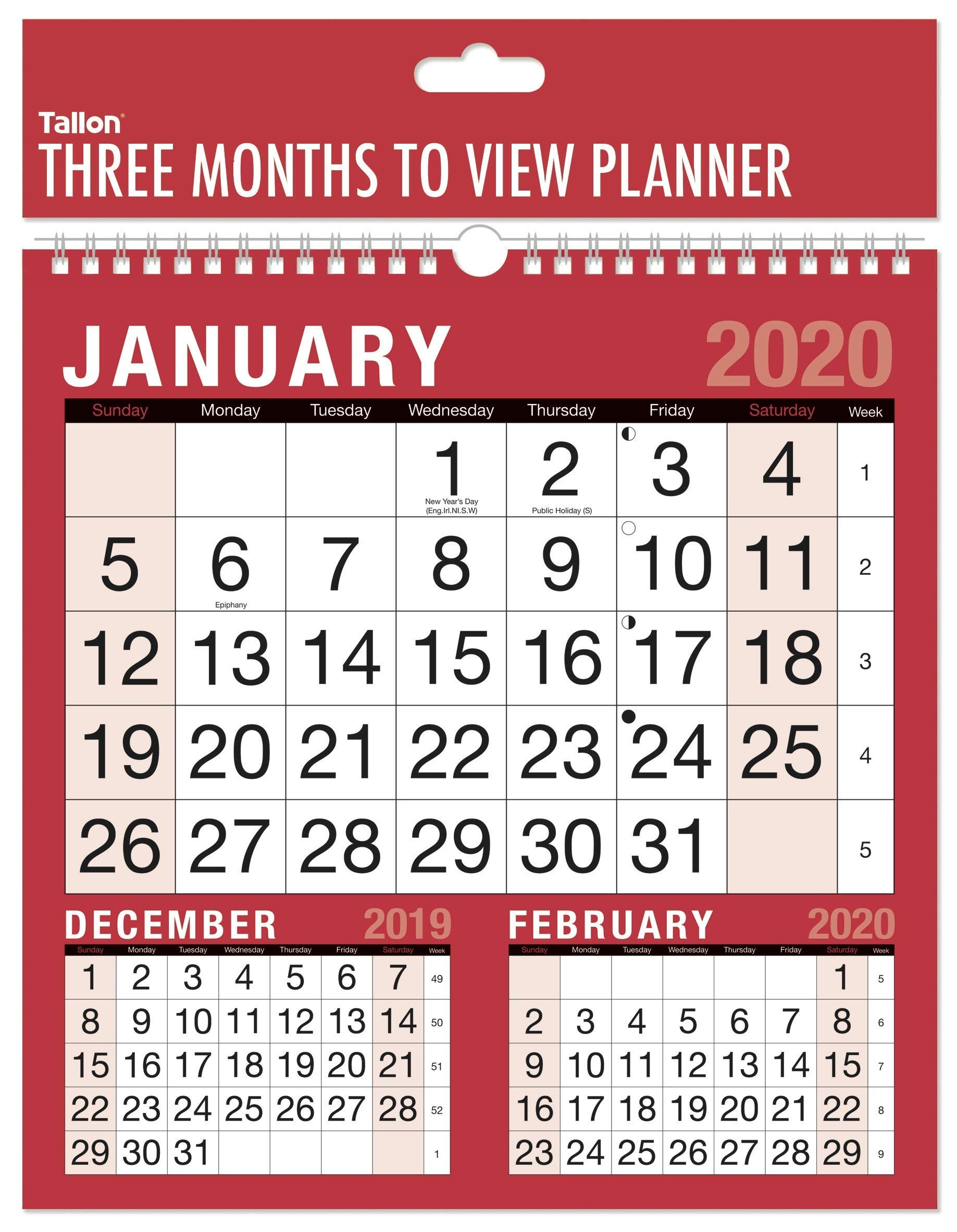 2020 Three Month To View Spiral Bound Wall Planner Calendar - home office work