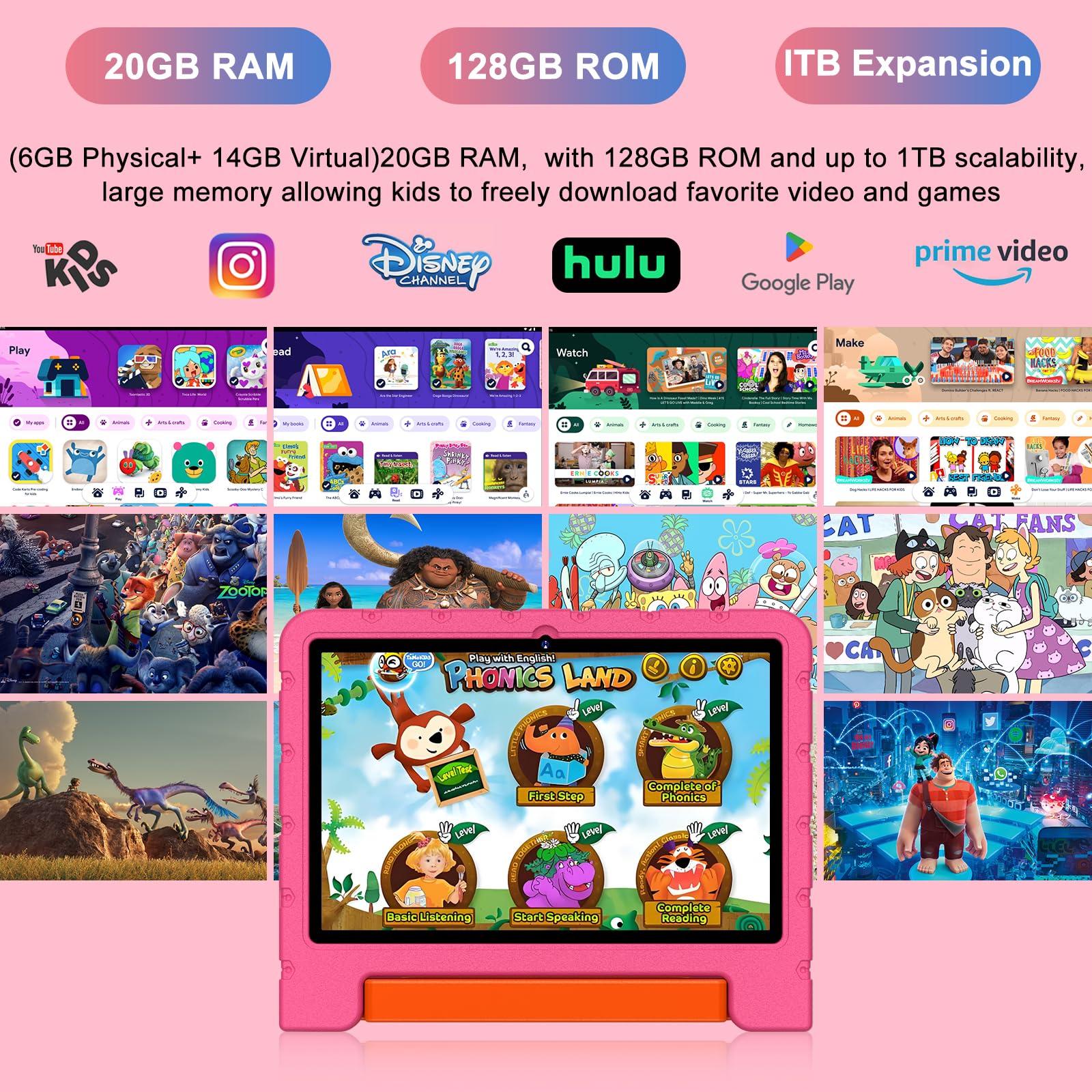 2025 Kids Tablet 10 inch Android 14 Tablets for Kid Octa-Core, 20GB+128GB (TF 1TB), Toddler Tablet with Shockproof Case, 2.4G+5G WiFi 6, Parental Control, Face Unlocked, Split Screen, BT5.0 (Rose Red)