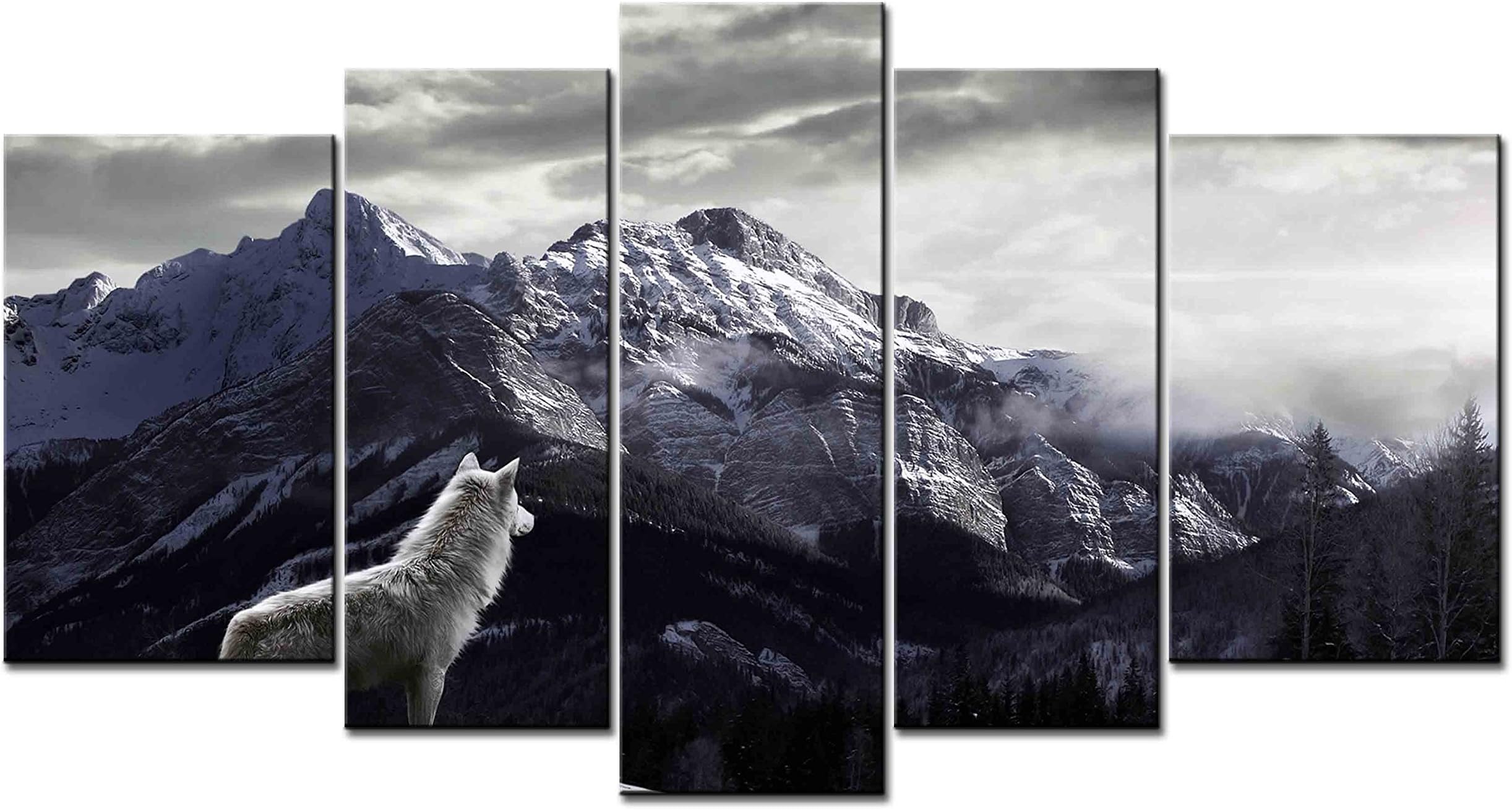 SmartWallArt - Animal Series Home Decor Artwork a White Wolf Looking at The Distant in Mountains Wall Art 5 Piece Paintngs Print on Canvas Framed for Living Room