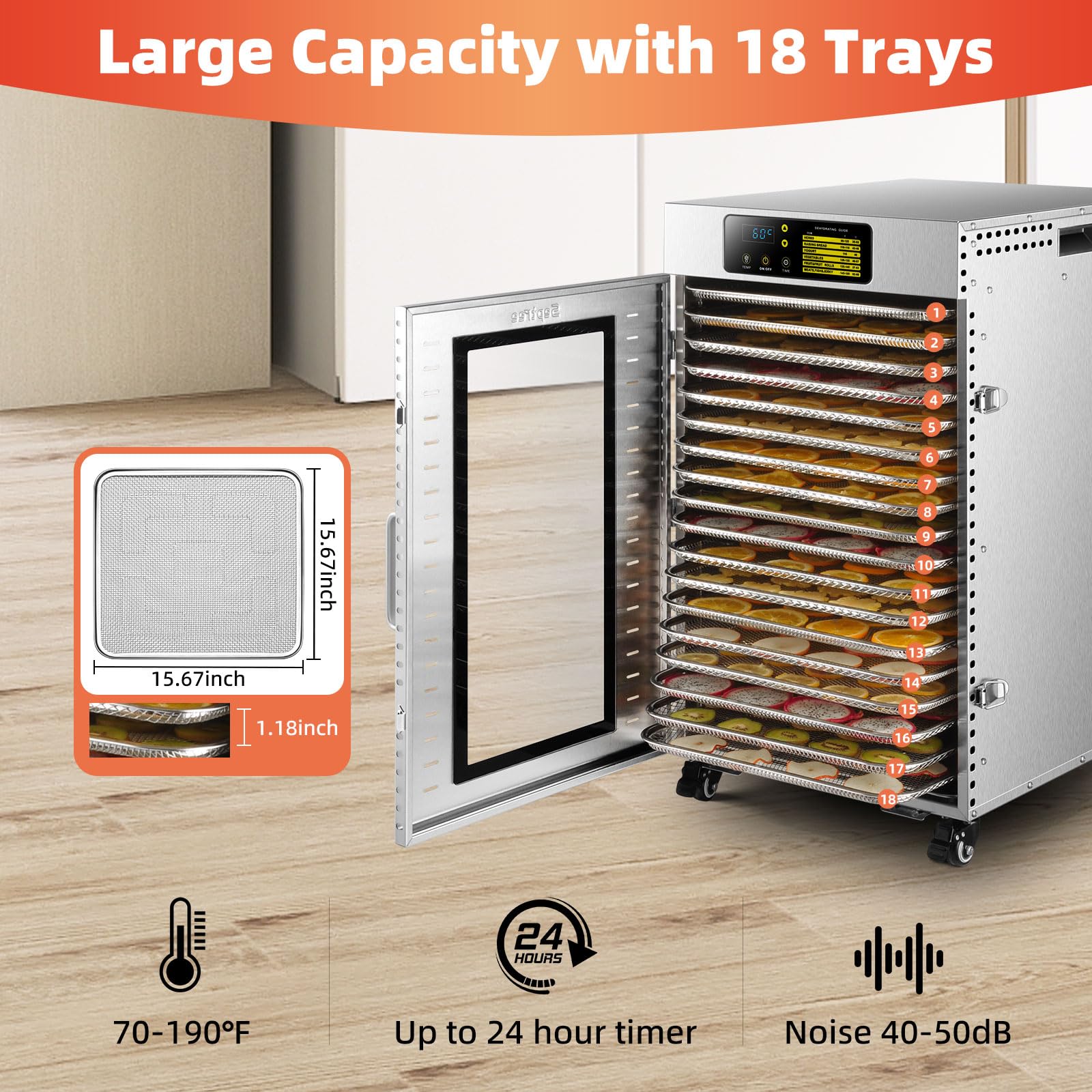 Septree Commercial Food Dehydrator 18 Trays, 2000W Large Capacity 34.42ft² Food Dryer Machine for Jerky, Meat, Fruit, Herbs, Full Stainless Steel Industrial Dehydrater Biltong Maker